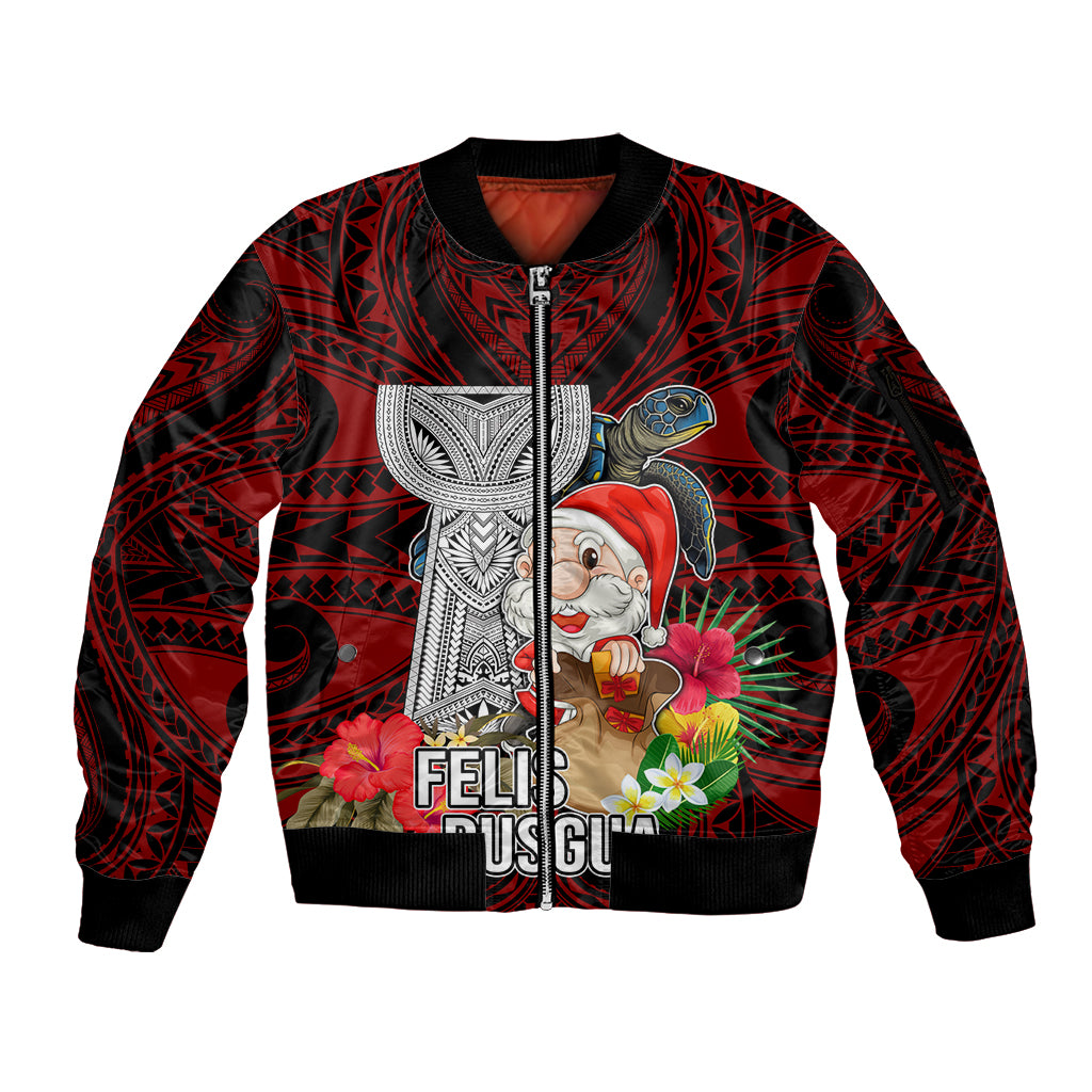 Custom Guam Christmas Sleeve Zip Bomber Jacket Santa Gift Latte Stone and Sea Turle Mix Hibiscus Chamorro Red Style LT03 Unisex Red - Polynesian Pride