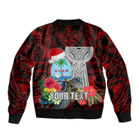 Custom Guam Christmas Sleeve Zip Bomber Jacket Santa Gift Latte Stone and Sea Turle Mix Hibiscus Chamorro Red Style LT03 - Polynesian Pride