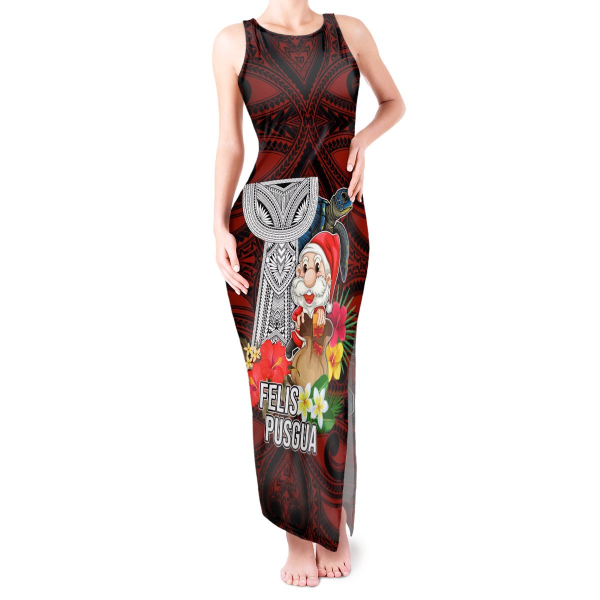 Custom Guam Christmas Tank Maxi Dress Santa Gift Latte Stone and Sea Turle Mix Hibiscus Chamorro Red Style LT03 Women Red - Polynesian Pride