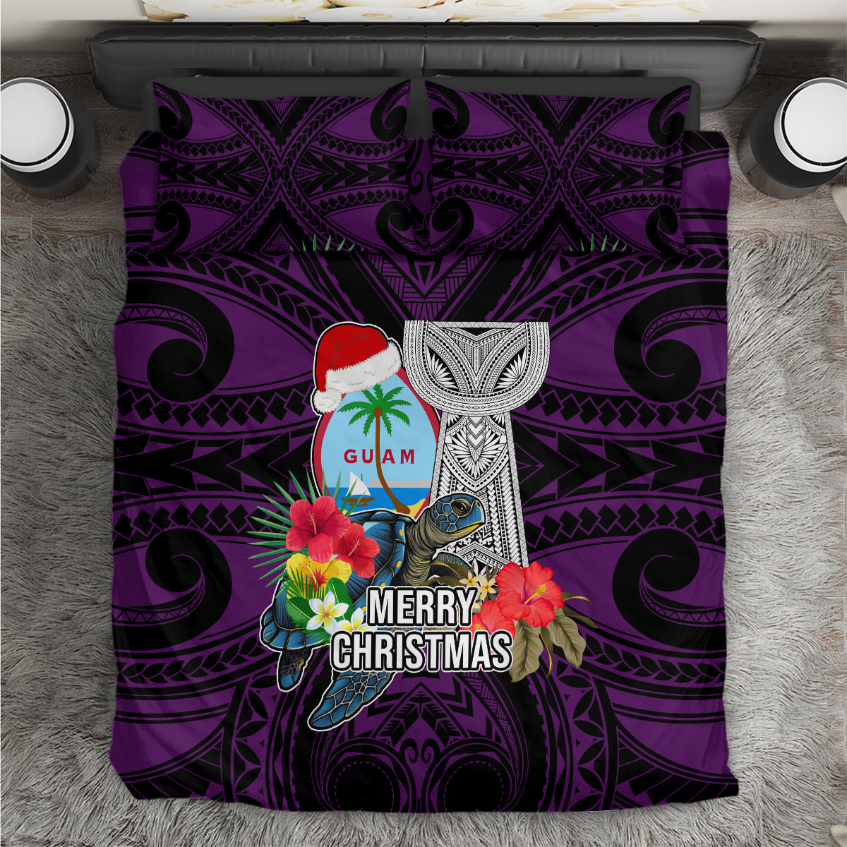 Guam Christmas Bedding Set Santa Gift Latte Stone and Sea Turle Mix Hibiscus Chamorro Pink Style LT03 - Polynesian Pride