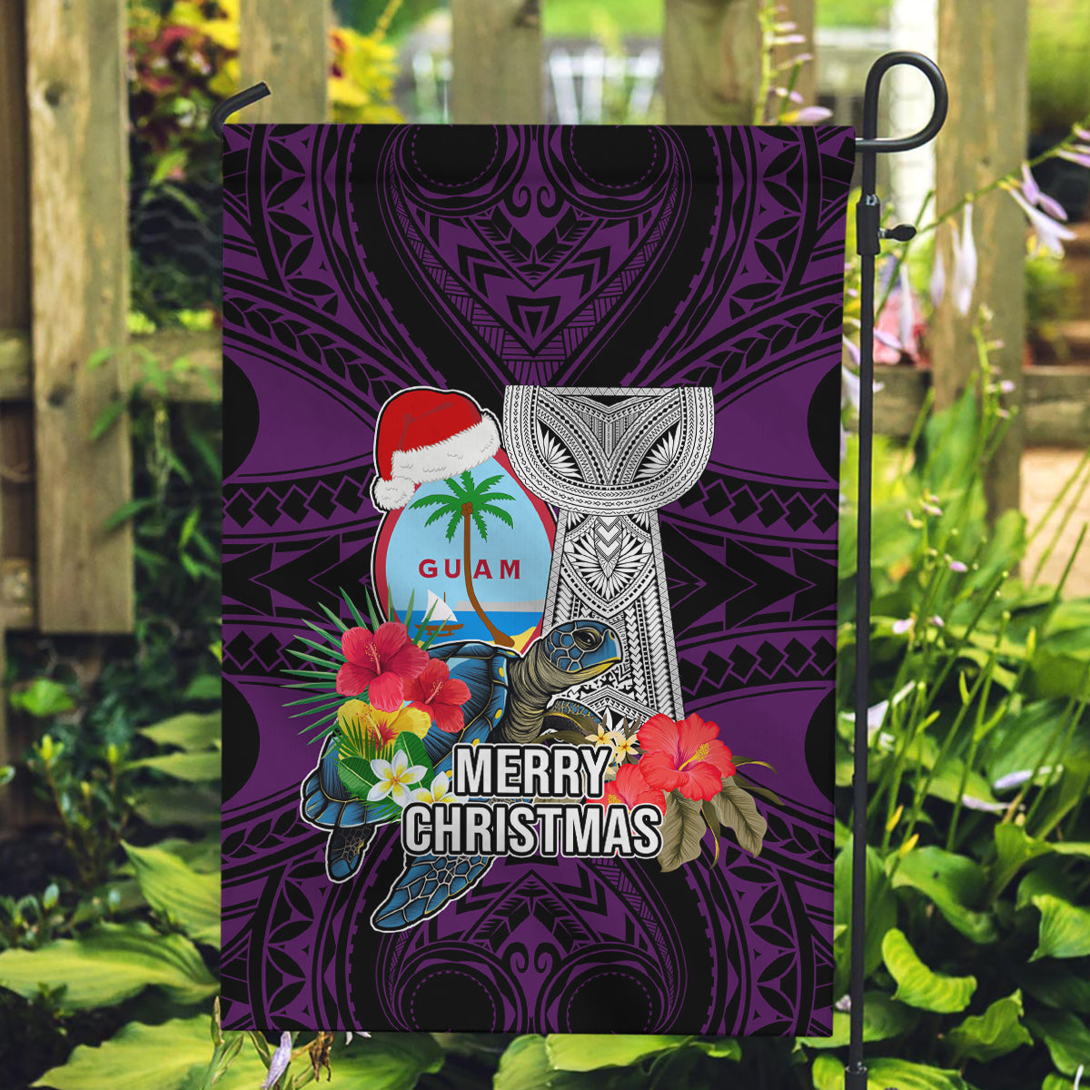 Guam Christmas Garden Flag Santa Gift Latte Stone and Sea Turle Mix Hibiscus Chamorro Pink Style LT03 Garden Flag Pink - Polynesian Pride
