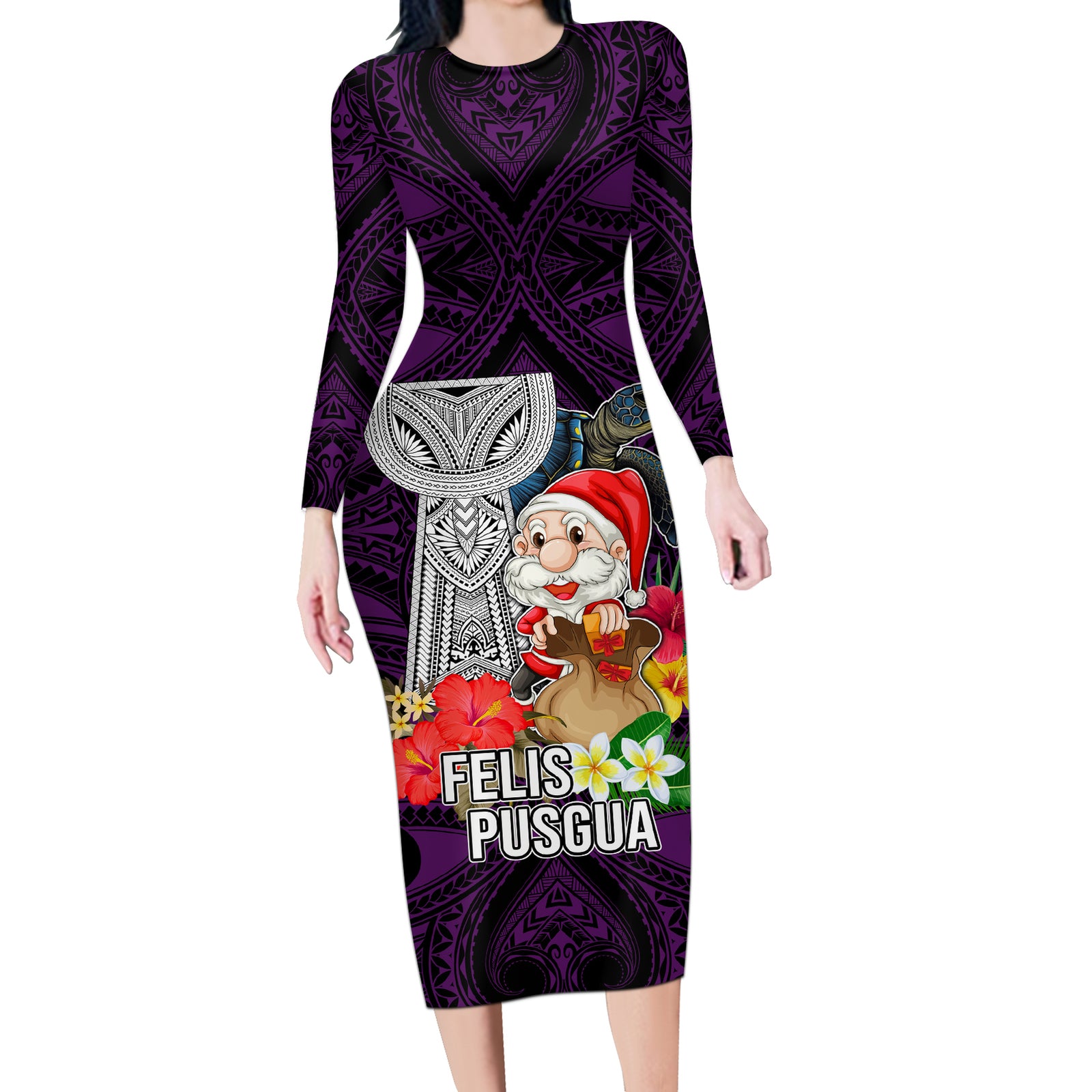 Guam Christmas Long Sleeve Bodycon Dress Santa Gift Latte Stone and Sea Turle Mix Hibiscus Chamorro Pink Style LT03 Long Dress Pink - Polynesian Pride
