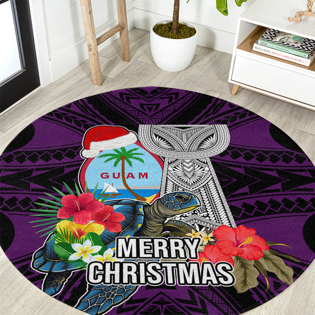 Guam Christmas Round Carpet Santa Gift Latte Stone and Sea Turle Mix Hibiscus Chamorro Pink Style LT03 Pink - Polynesian Pride