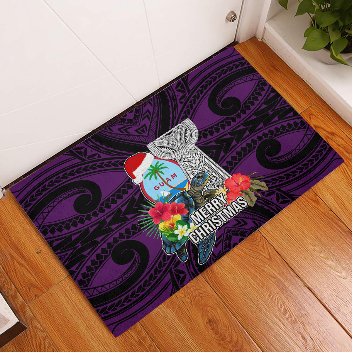 Guam Christmas Rubber Doormat Santa Gift Latte Stone and Sea Turle Mix Hibiscus Chamorro Pink Style LT03 Pink - Polynesian Pride