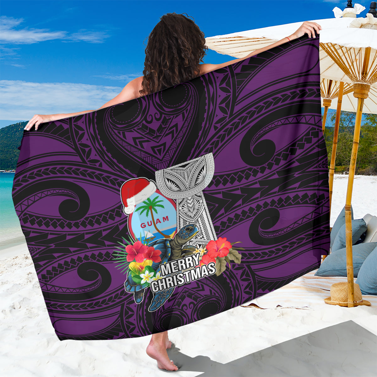 Guam Christmas Sarong Santa Gift Latte Stone and Sea Turle Mix Hibiscus Chamorro Pink Style LT03 One Size 44 x 66 inches Pink - Polynesian Pride