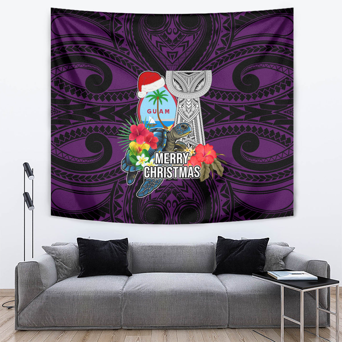 Guam Christmas Tapestry Santa Gift Latte Stone and Sea Turle Mix Hibiscus Chamorro Pink Style LT03 Pink - Polynesian Pride