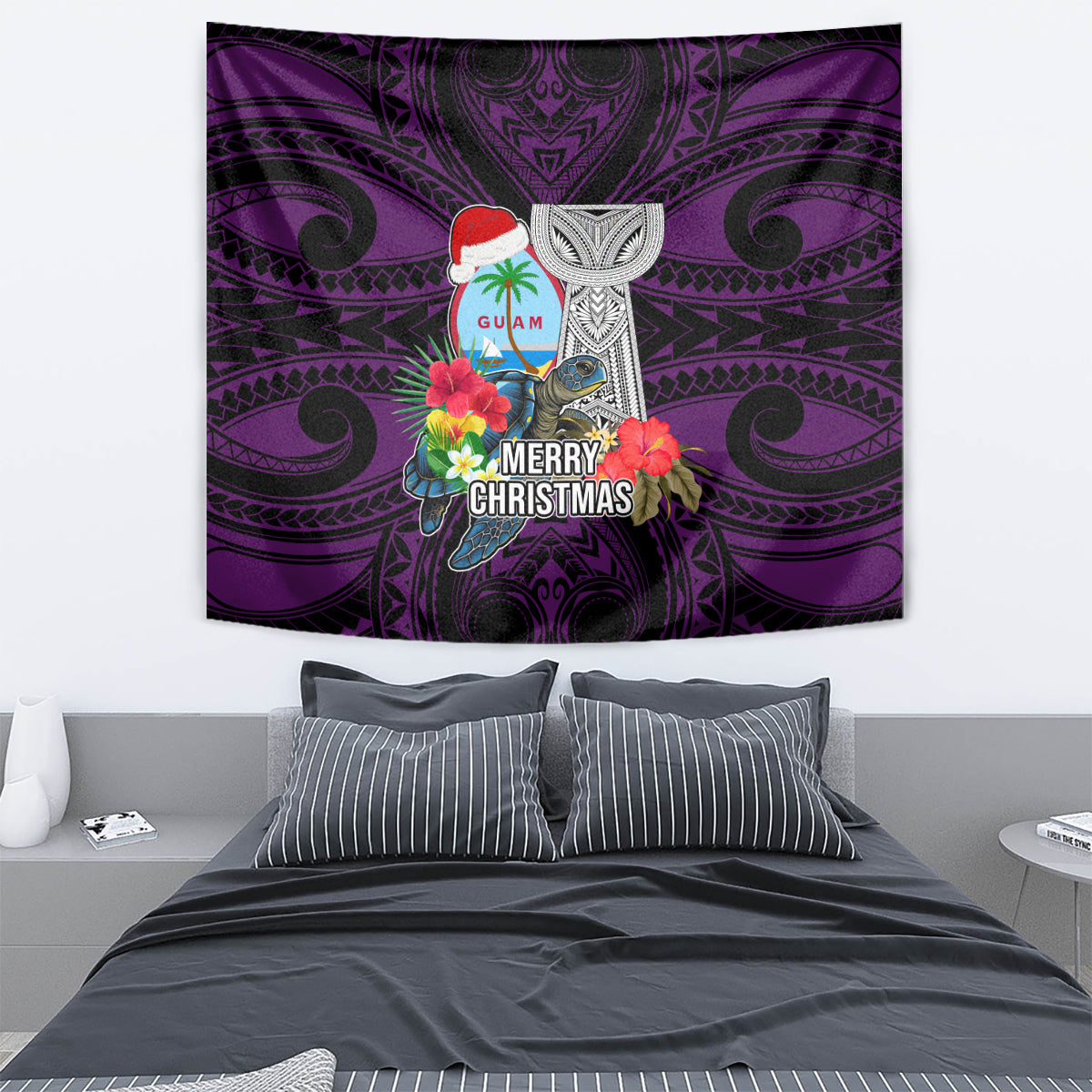 Guam Christmas Tapestry Santa Gift Latte Stone and Sea Turle Mix Hibiscus Chamorro Pink Style LT03 - Polynesian Pride