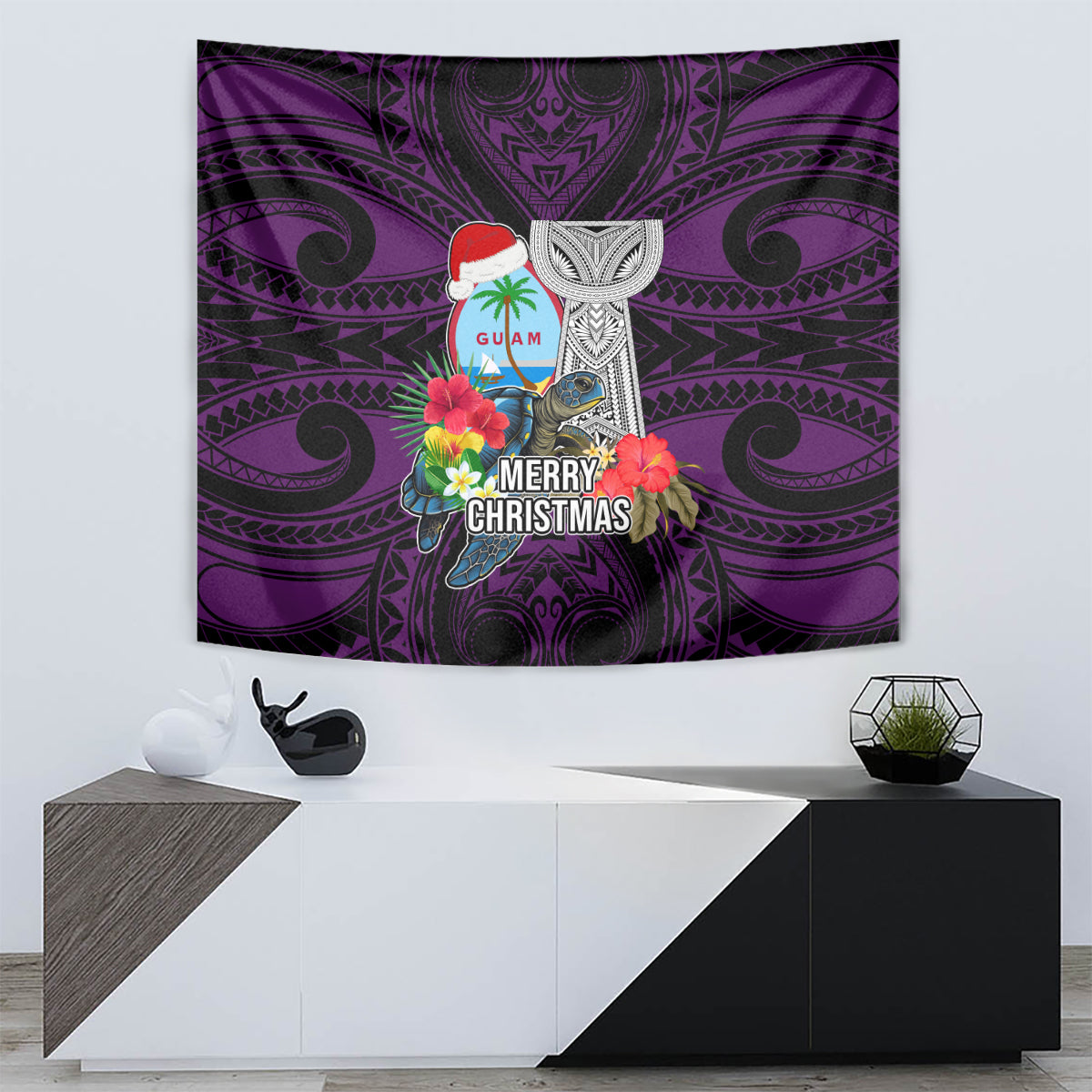 Guam Christmas Tapestry Santa Gift Latte Stone and Sea Turle Mix Hibiscus Chamorro Pink Style LT03 - Polynesian Pride