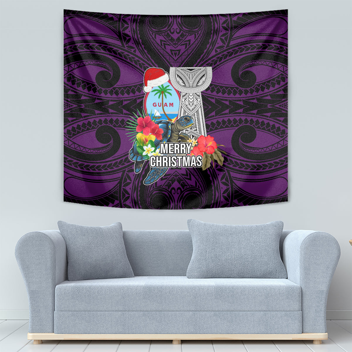 Guam Christmas Tapestry Santa Gift Latte Stone and Sea Turle Mix Hibiscus Chamorro Pink Style LT03 - Polynesian Pride