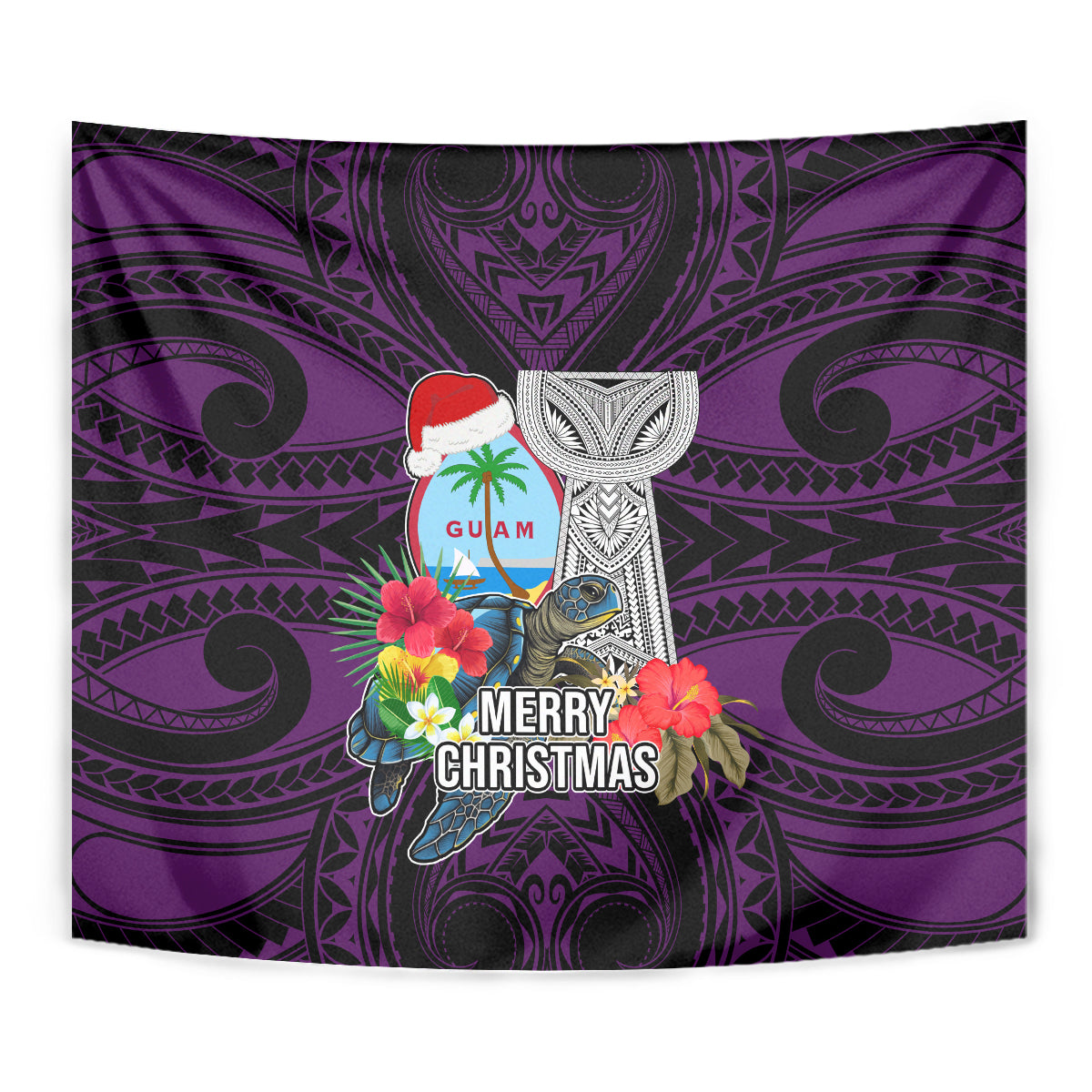 Guam Christmas Tapestry Santa Gift Latte Stone and Sea Turle Mix Hibiscus Chamorro Pink Style LT03 - Polynesian Pride