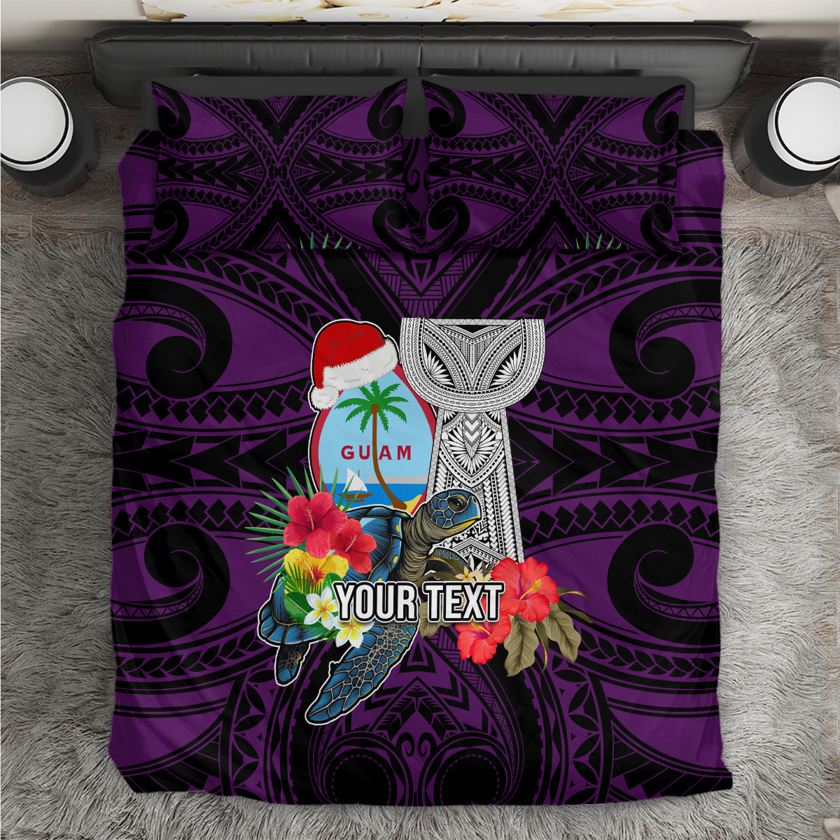 Custom Guam Christmas Bedding Set Santa Gift Latte Stone and Sea Turle Mix Hibiscus Chamorro Pink Style LT03 - Polynesian Pride