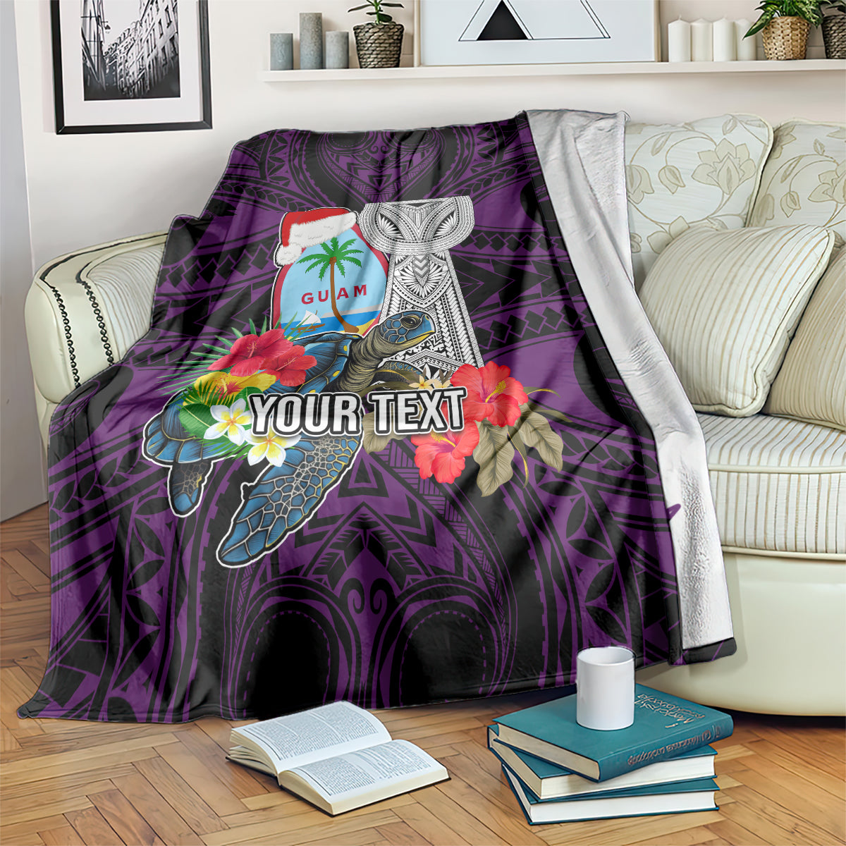 Custom Guam Christmas Blanket Santa Gift Latte Stone and Sea Turle Mix Hibiscus Chamorro Pink Style LT03 Pink - Polynesian Pride