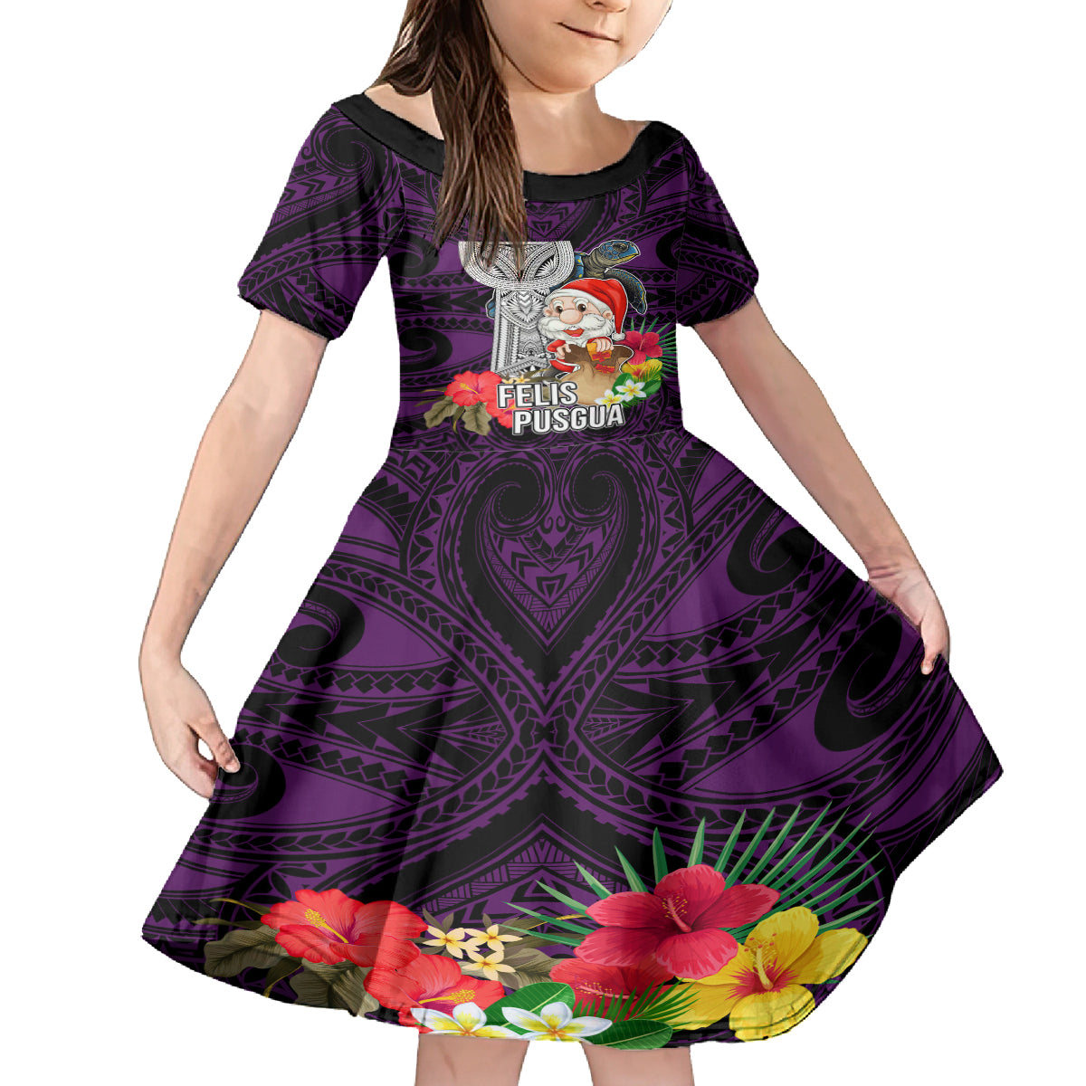 Custom Guam Christmas Kid Short Sleeve Dress Santa Gift Latte Stone and Sea Turle Mix Hibiscus Chamorro Pink Style LT03 KID Pink - Polynesian Pride