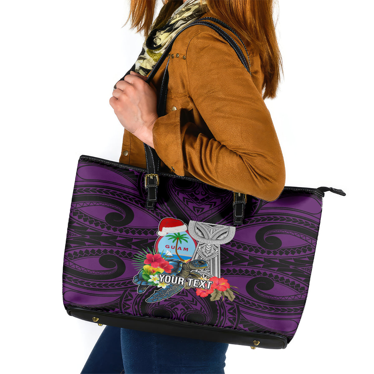 Custom Guam Christmas Leather Tote Bag Santa Gift Latte Stone and Sea Turle Mix Hibiscus Chamorro Pink Style LT03 Pink - Polynesian Pride