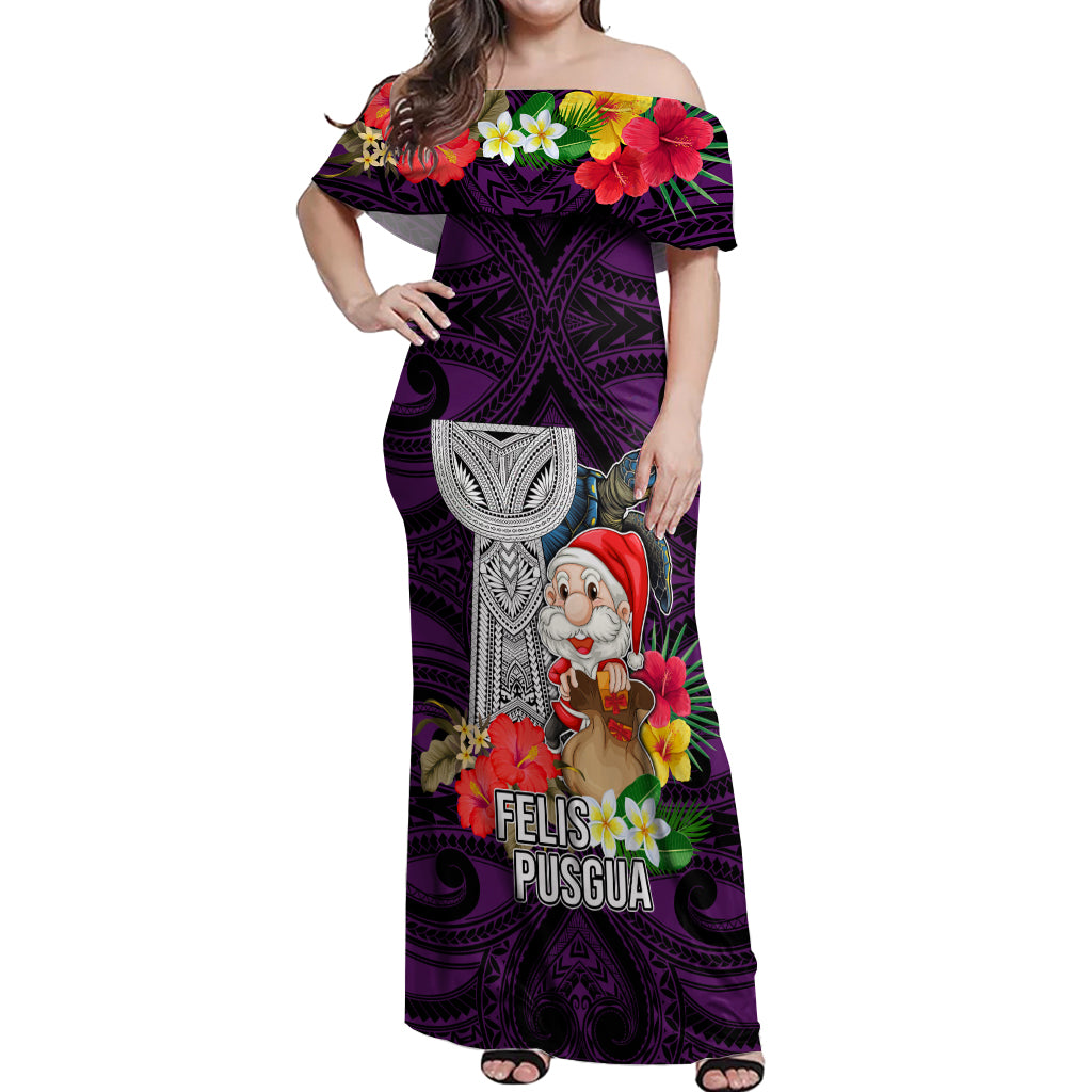 Custom Guam Christmas Off Shoulder Maxi Dress Santa Gift Latte Stone and Sea Turle Mix Hibiscus Chamorro Pink Style LT03 Women Pink - Polynesian Pride