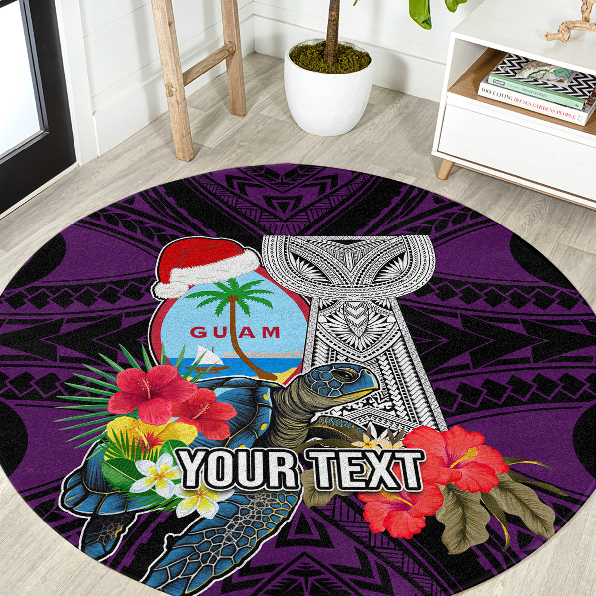 Custom Guam Christmas Round Carpet Santa Gift Latte Stone and Sea Turle Mix Hibiscus Chamorro Pink Style LT03 Pink - Polynesian Pride