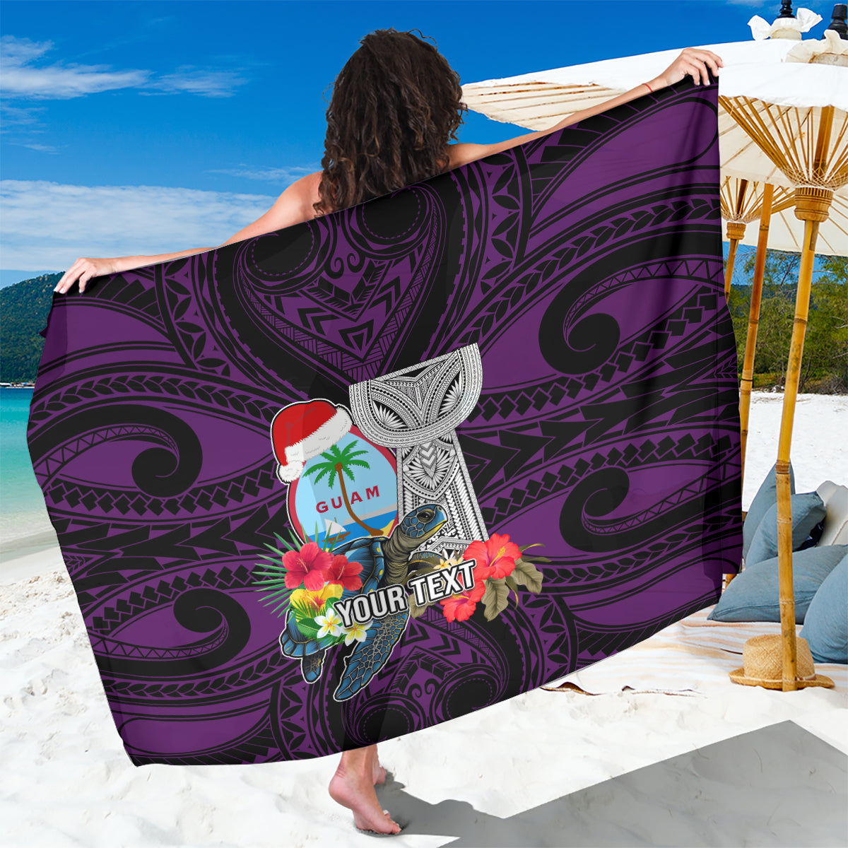 Custom Guam Christmas Sarong Santa Gift Latte Stone and Sea Turle Mix Hibiscus Chamorro Pink Style LT03 One Size 44 x 66 inches Pink - Polynesian Pride