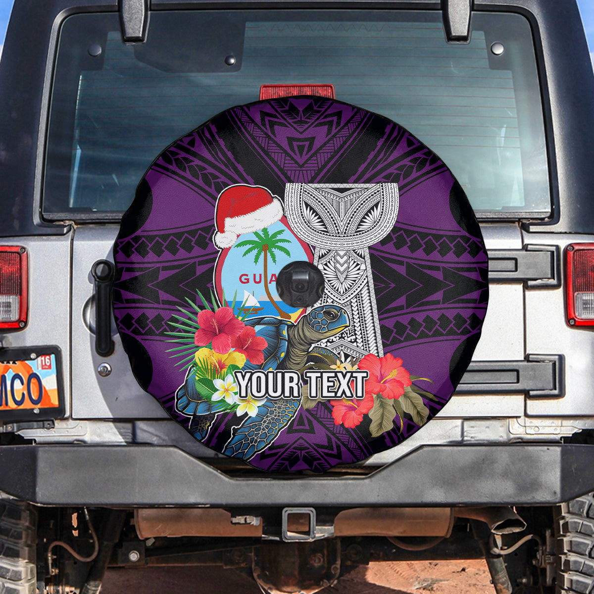 Custom Guam Christmas Spare Tire Cover Santa Gift Latte Stone and Sea Turle Mix Hibiscus Chamorro Pink Style LT03 Pink - Polynesian Pride
