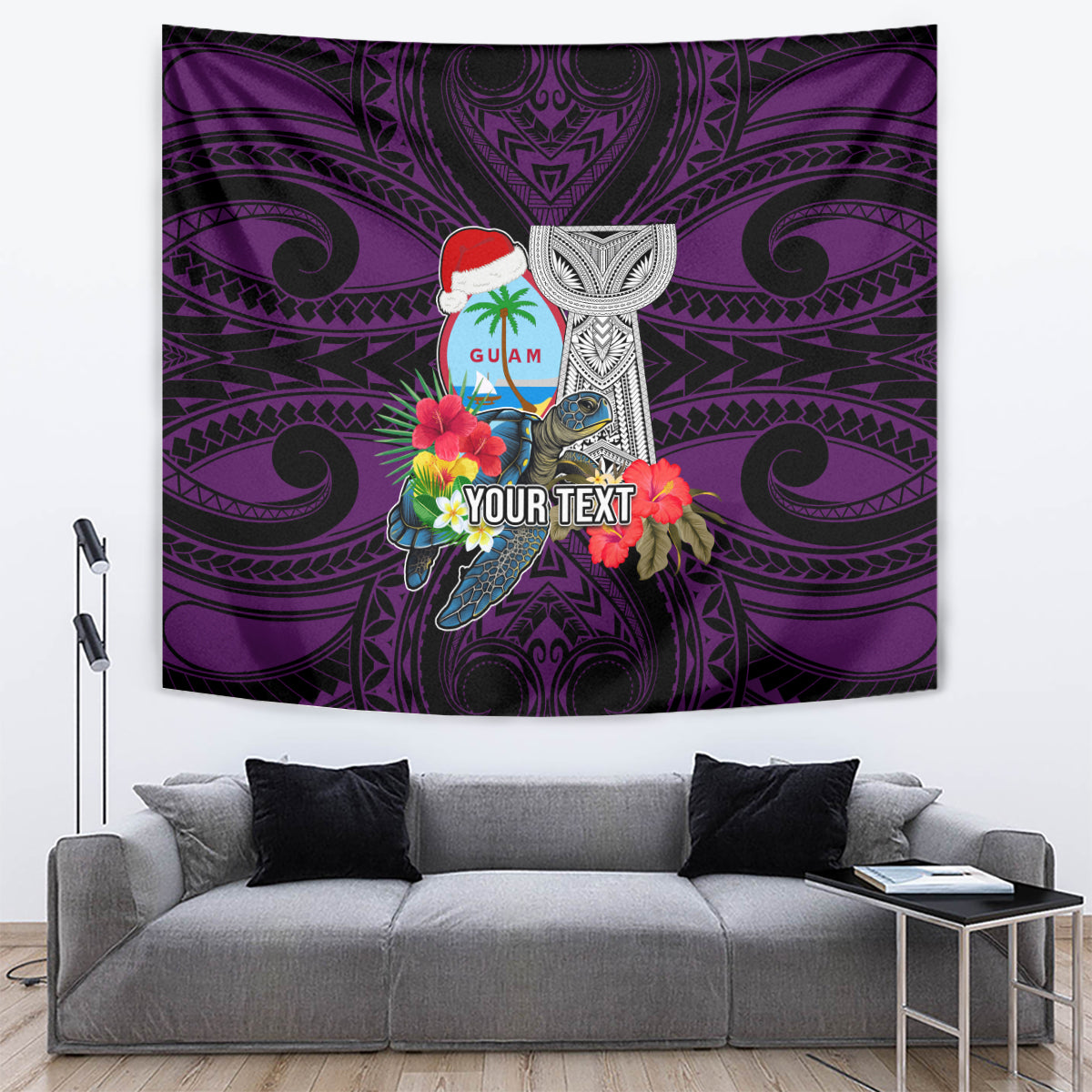 Custom Guam Christmas Tapestry Santa Gift Latte Stone and Sea Turle Mix Hibiscus Chamorro Pink Style LT03 Pink - Polynesian Pride