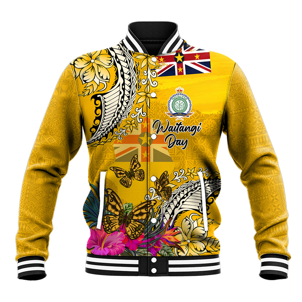 Niue Waitangi Baseball Jacket Tropical Flower Tapa Pattern LT03 Unisex Yellow - Polynesian Pride