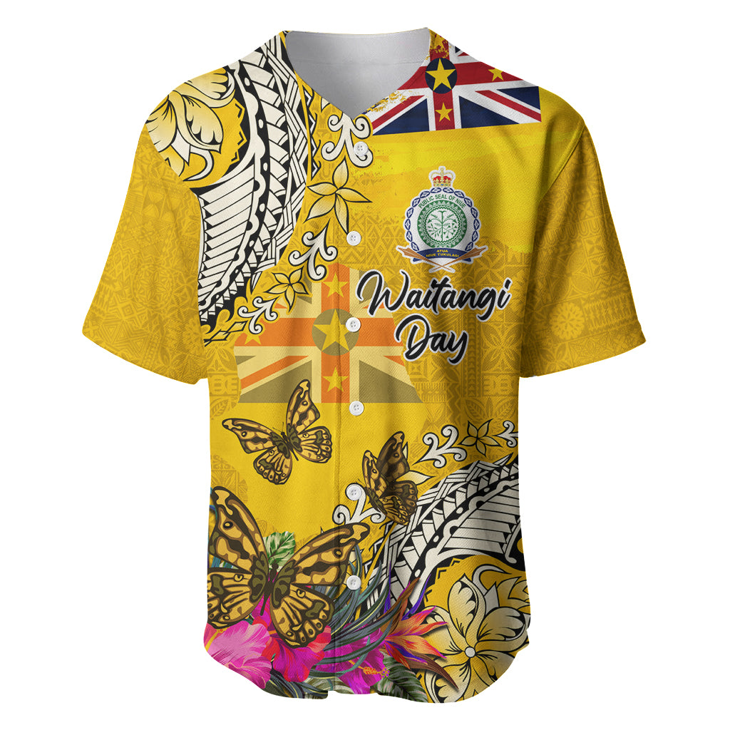 Niue Waitangi Baseball Jersey Tropical Flower Tapa Pattern LT03 Yellow - Polynesian Pride