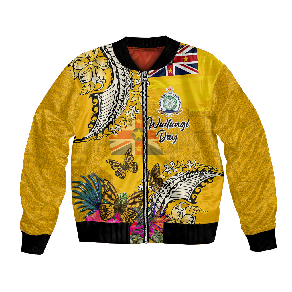 Niue Waitangi Bomber Jacket Tropical Flower Tapa Pattern LT03 Unisex Yellow - Polynesian Pride