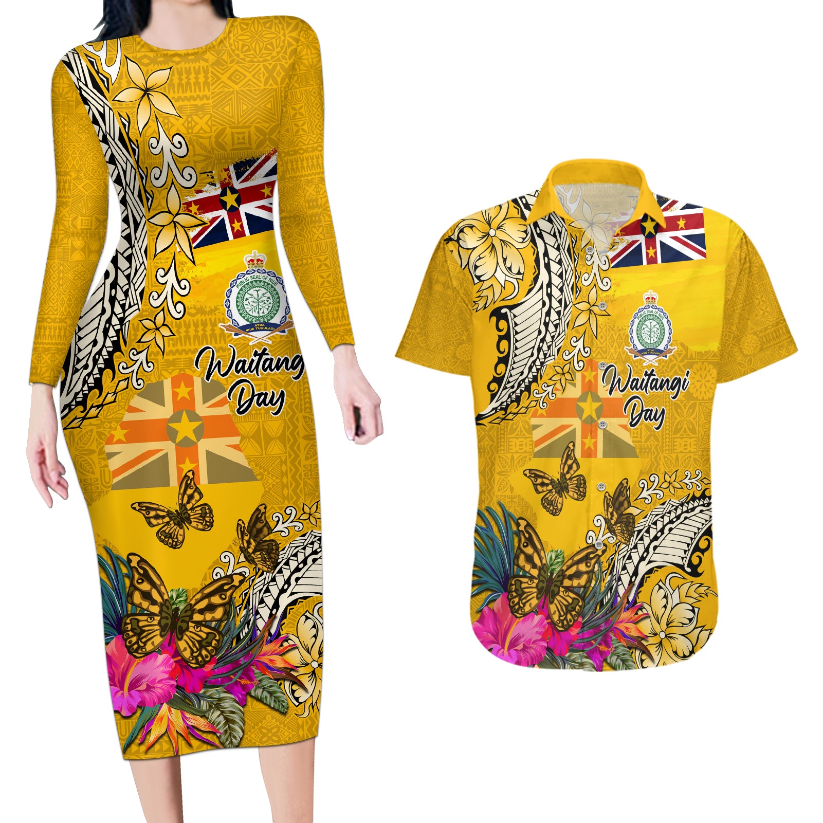 Niue Waitangi Couples Matching Long Sleeve Bodycon Dress and Hawaiian Shirt Tropical Flower Tapa Pattern LT03 Yellow - Polynesian Pride