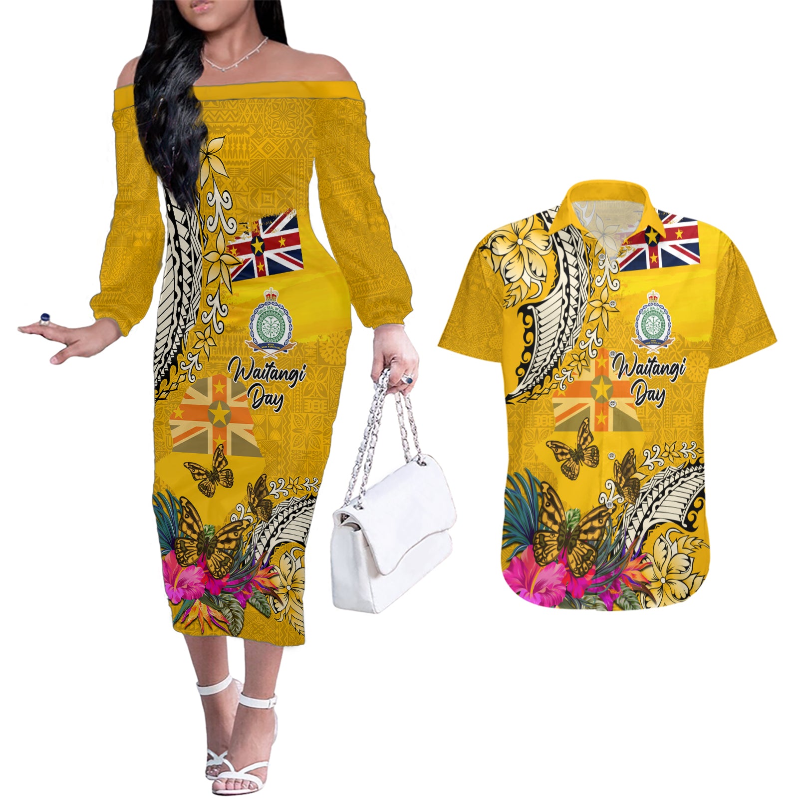 Niue Waitangi Couples Matching Off The Shoulder Long Sleeve Dress and Hawaiian Shirt Tropical Flower Tapa Pattern LT03 Yellow - Polynesian Pride