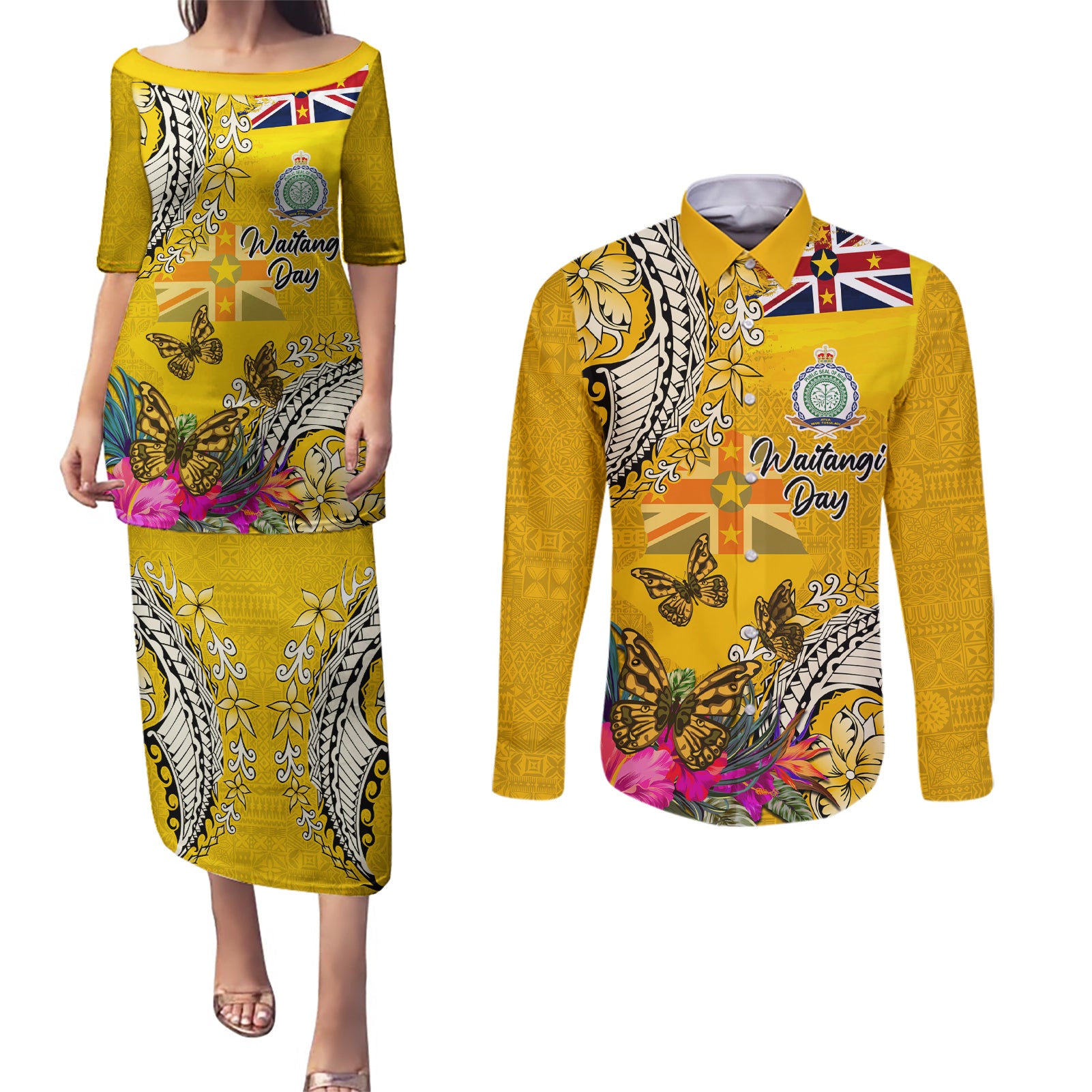 Niue Waitangi Couples Matching Puletasi and Long Sleeve Button Shirt Tropical Flower Tapa Pattern LT03 Yellow - Polynesian Pride