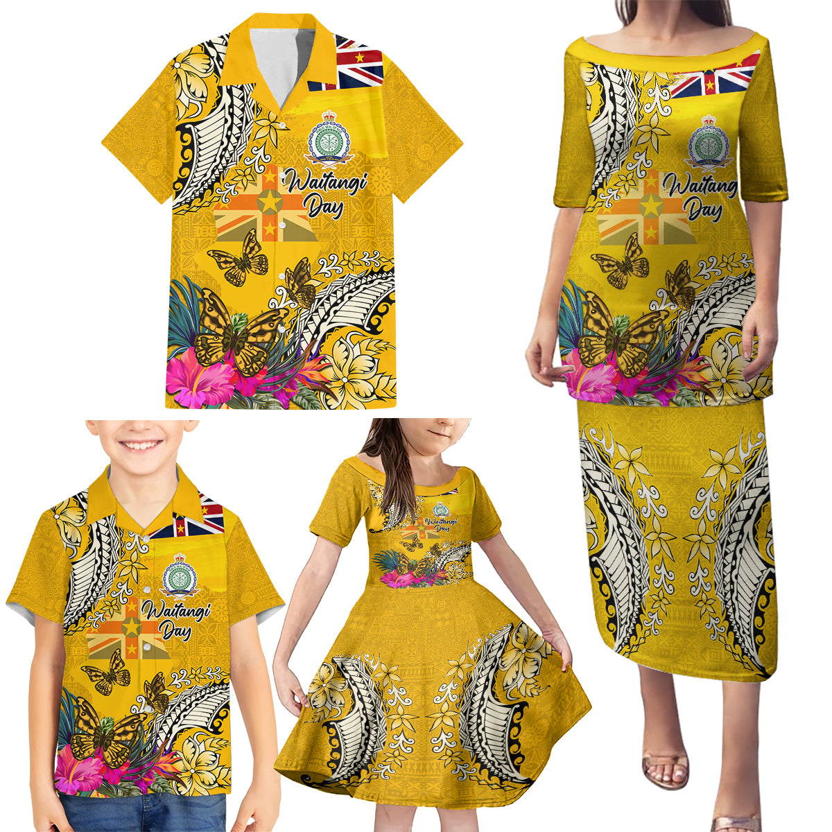 Niue Waitangi Family Matching Puletasi and Hawaiian Shirt Tropical Flower Tapa Pattern LT03 - Polynesian Pride