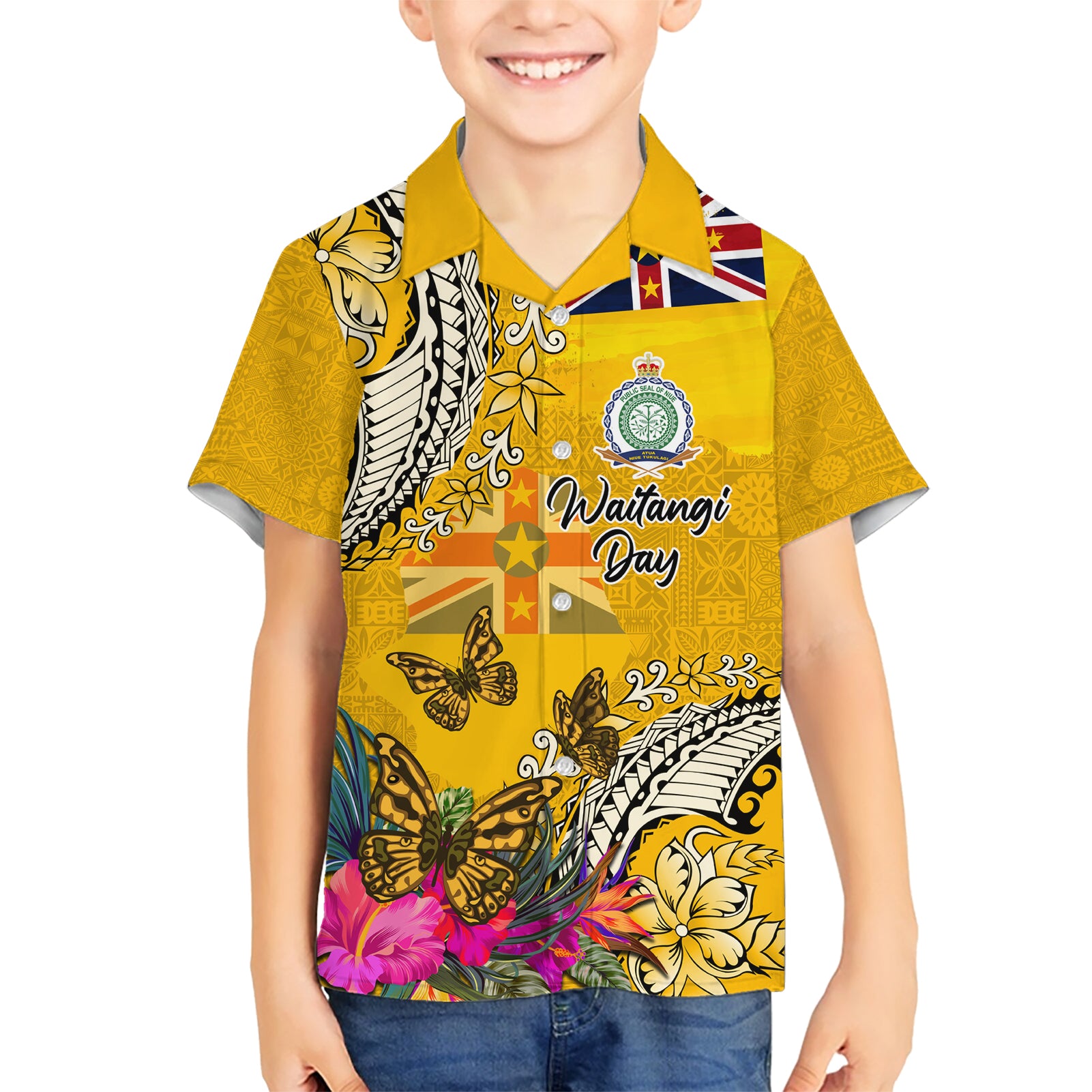 Niue Waitangi Kid Hawaiian Shirt Tropical Flower Tapa Pattern LT03 Kid Yellow - Polynesian Pride