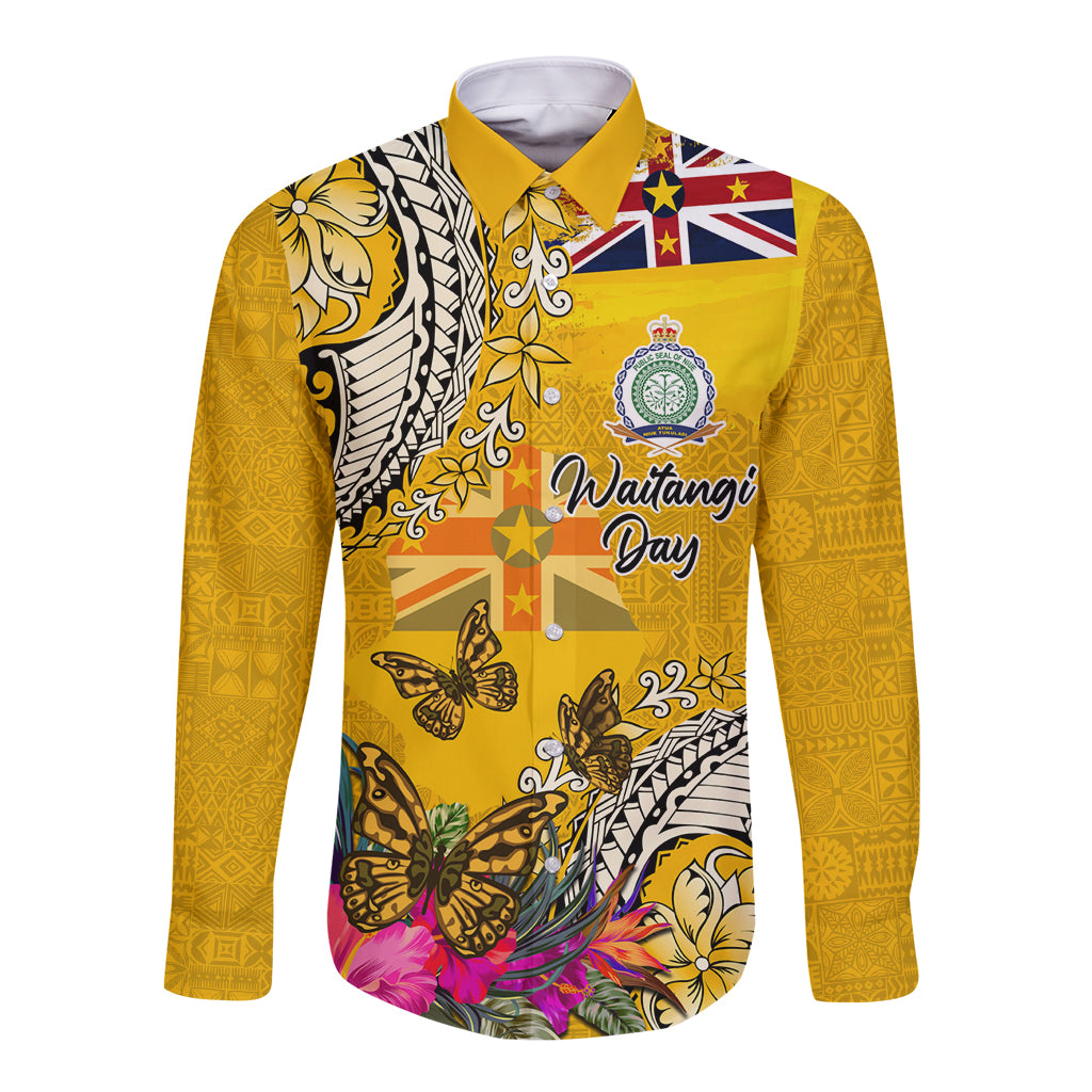 Niue Waitangi Long Sleeve Button Shirt Tropical Flower Tapa Pattern LT03 Unisex Yellow - Polynesian Pride