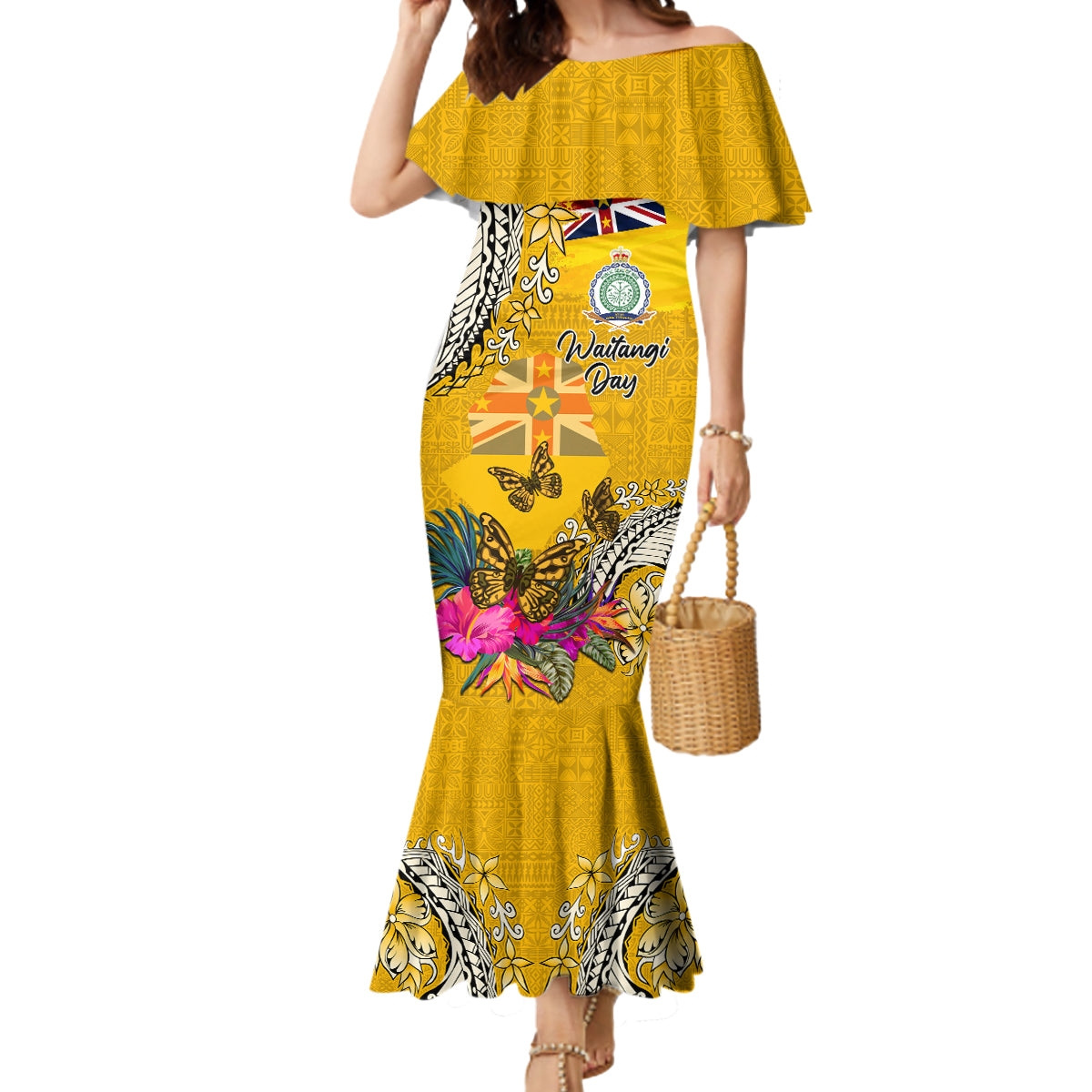 Niue Waitangi Mermaid Dress Tropical Flower Tapa Pattern LT03 Women Yellow - Polynesian Pride