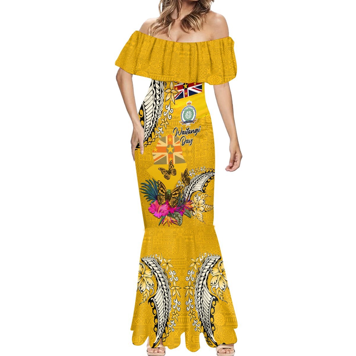 Niue Waitangi Mermaid Dress Tropical Flower Tapa Pattern LT03 - Polynesian Pride
