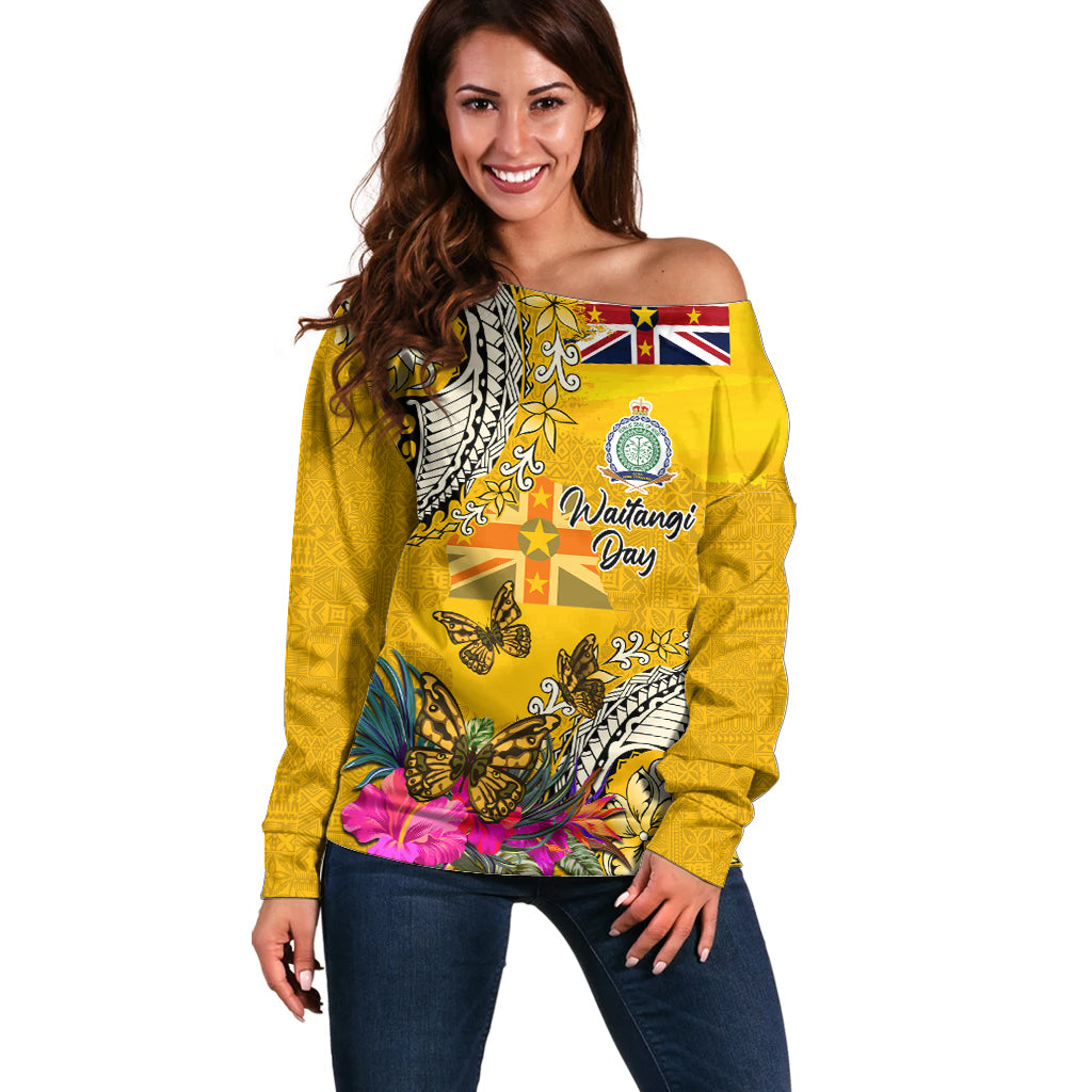 Niue Waitangi Off Shoulder Sweater Tropical Flower Tapa Pattern LT03 Women Yellow - Polynesian Pride