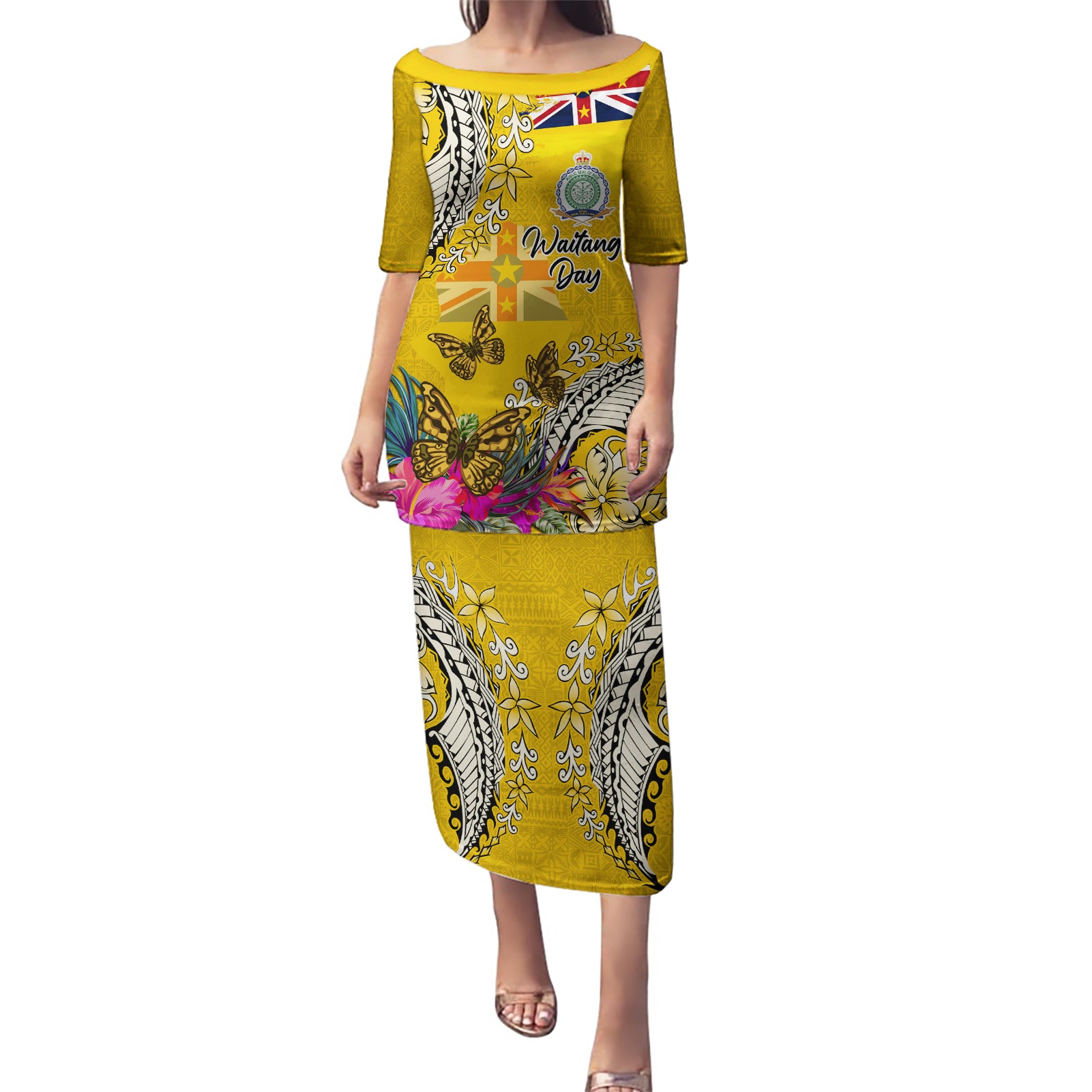 Niue Waitangi Puletasi Tropical Flower Tapa Pattern LT03 Long Dress Yellow - Polynesian Pride