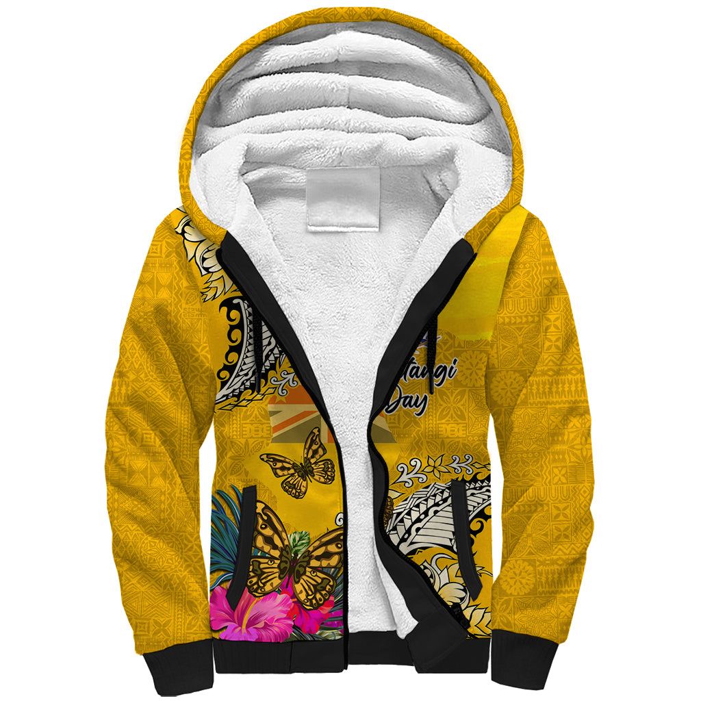 Niue Waitangi Sherpa Hoodie Tropical Flower Tapa Pattern LT03 Unisex Yellow - Polynesian Pride