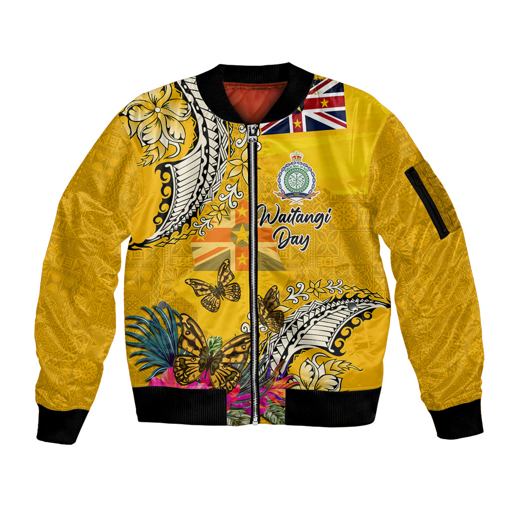 Niue Waitangi Sleeve Zip Bomber Jacket Tropical Flower Tapa Pattern LT03 Unisex Yellow - Polynesian Pride