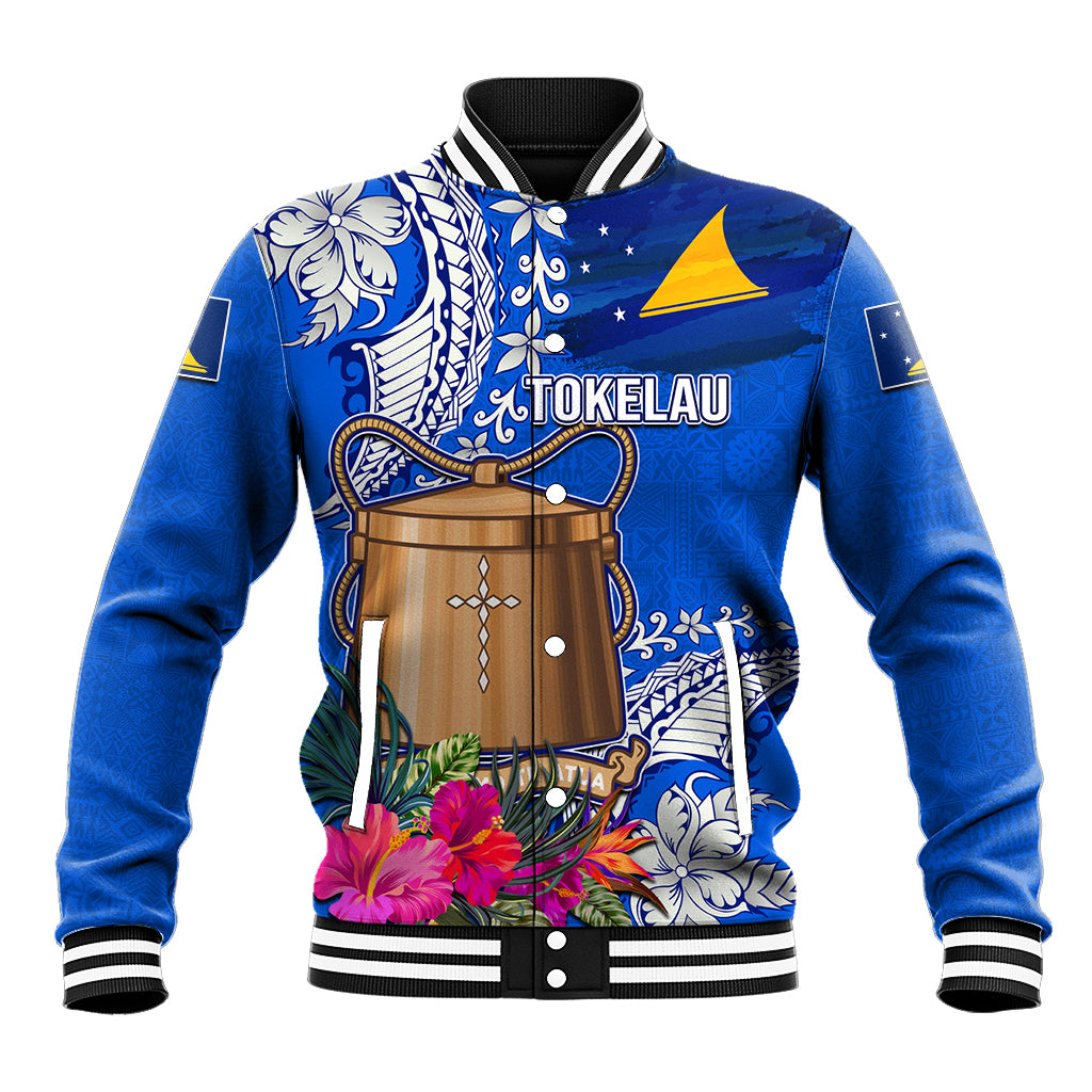 Tokelau Waitangi Baseball Jacket Tropical Flower Tapa Pattern LT03 Unisex Blue - Polynesian Pride