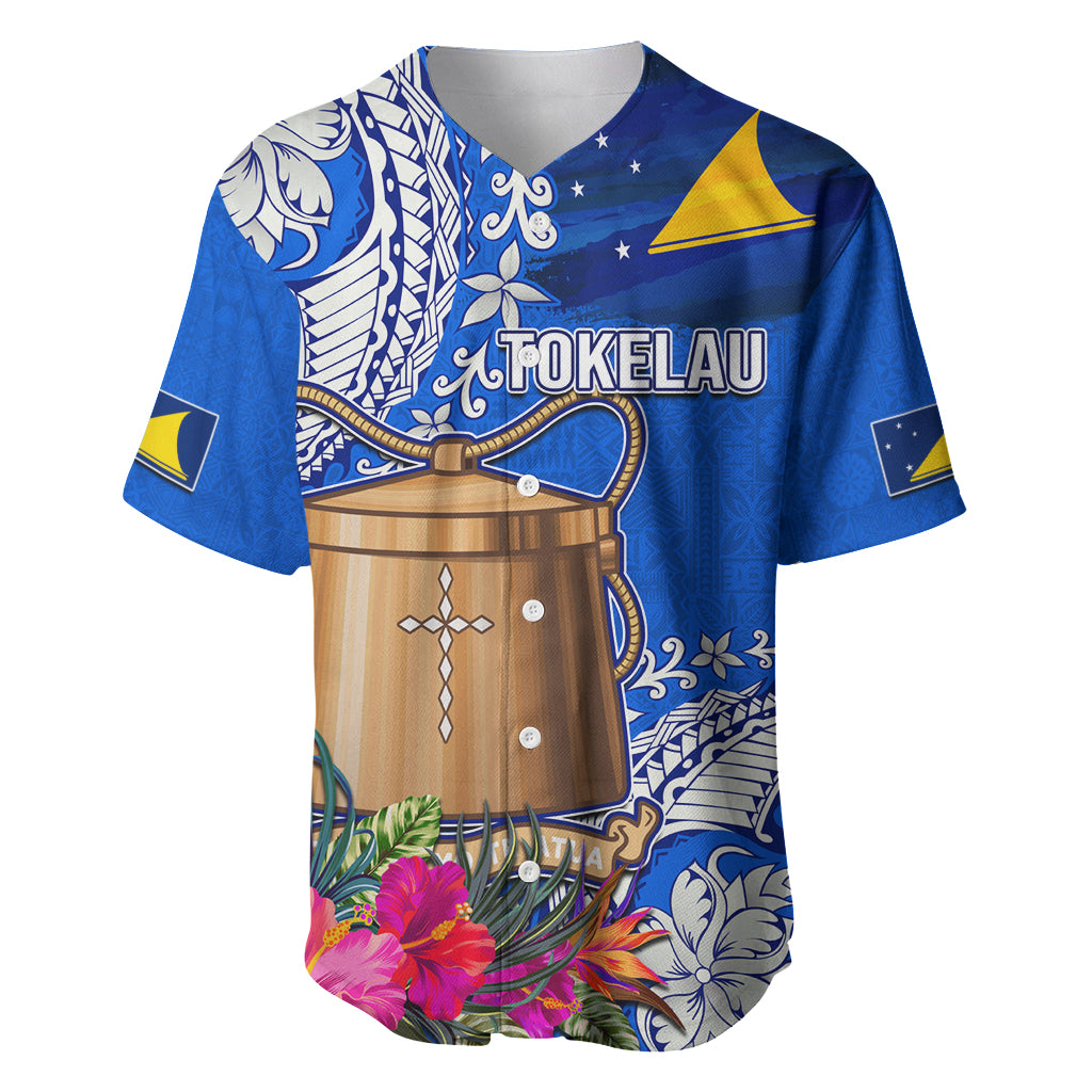 Tokelau Waitangi Baseball Jersey Tropical Flower Tapa Pattern LT03 Blue - Polynesian Pride