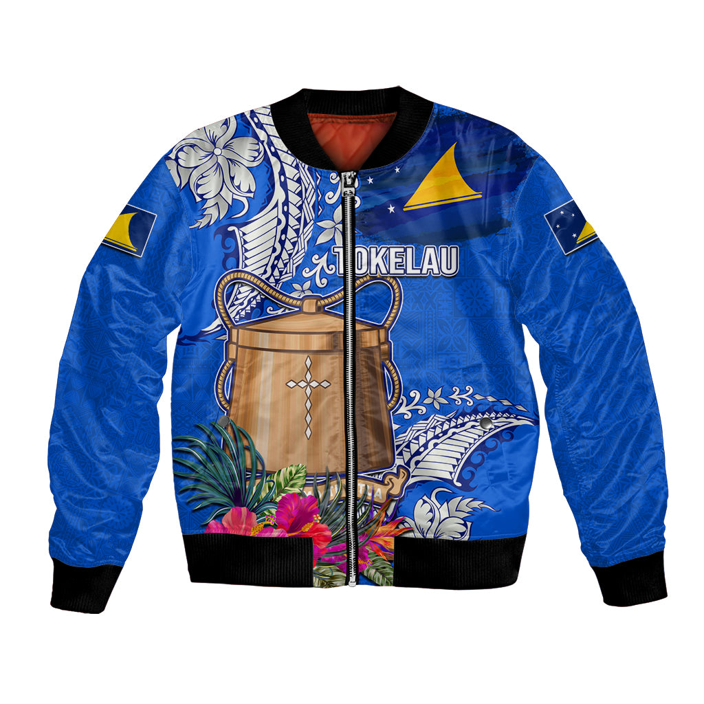 Tokelau Waitangi Bomber Jacket Tropical Flower Tapa Pattern LT03 Unisex Blue - Polynesian Pride