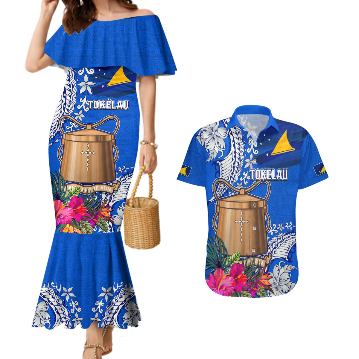 Tokelau Waitangi Couples Matching Mermaid Dress and Hawaiian Shirt Tropical Flower Tapa Pattern LT03 Blue - Polynesian Pride