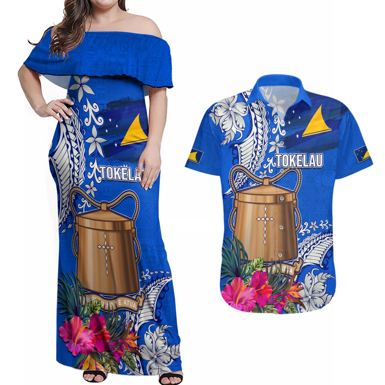 Tokelau Waitangi Couples Matching Off Shoulder Maxi Dress and Hawaiian Shirt Tropical Flower Tapa Pattern LT03 Blue - Polynesian Pride