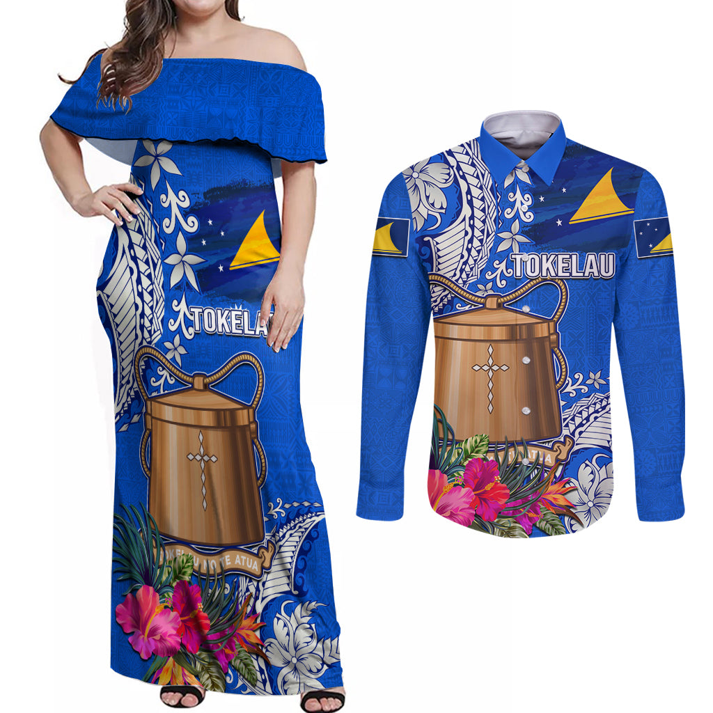 Tokelau Waitangi Couples Matching Off Shoulder Maxi Dress and Long Sleeve Button Shirt Tropical Flower Tapa Pattern LT03 Blue - Polynesian Pride