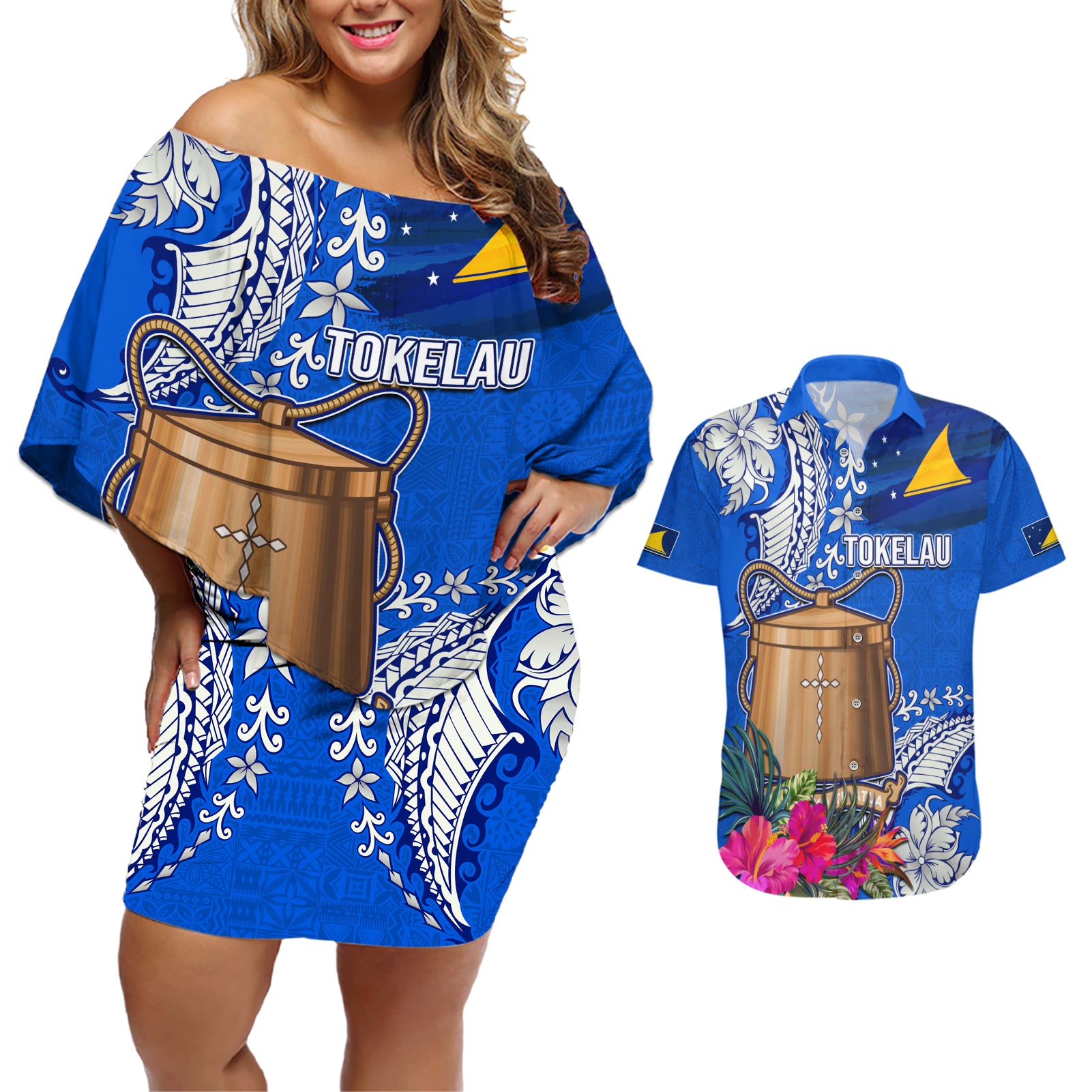 Tokelau Waitangi Couples Matching Off Shoulder Short Dress and Hawaiian Shirt Tropical Flower Tapa Pattern LT03 Blue - Polynesian Pride