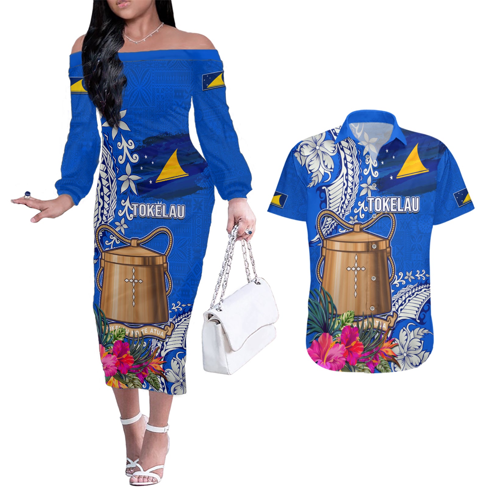 Tokelau Waitangi Couples Matching Off The Shoulder Long Sleeve Dress and Hawaiian Shirt Tropical Flower Tapa Pattern LT03 Blue - Polynesian Pride