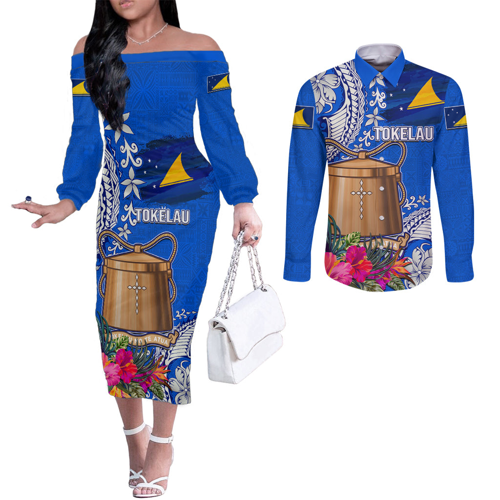 Tokelau Waitangi Couples Matching Off The Shoulder Long Sleeve Dress and Long Sleeve Button Shirt Tropical Flower Tapa Pattern LT03 Blue - Polynesian Pride