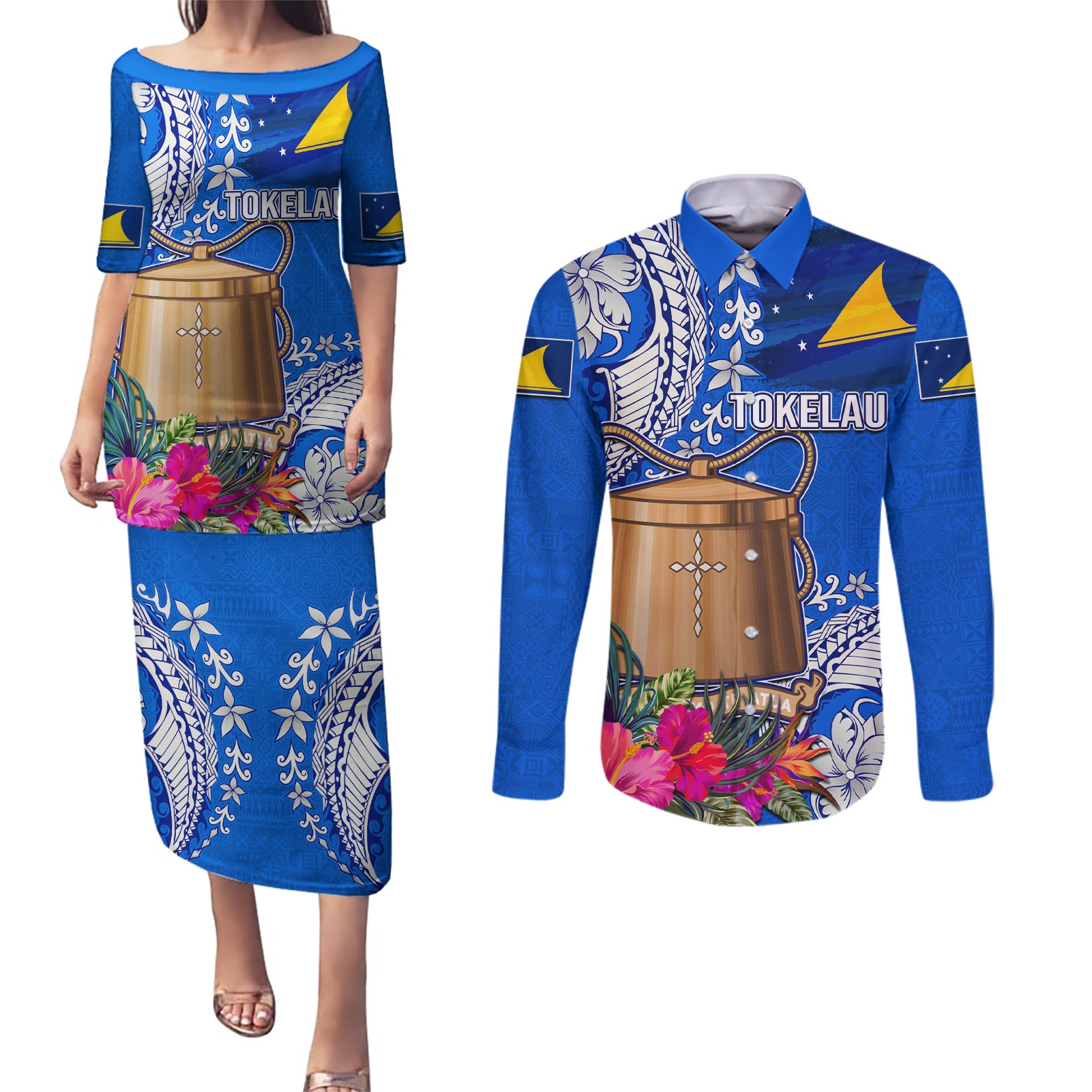 Tokelau Waitangi Couples Matching Puletasi and Long Sleeve Button Shirt Tropical Flower Tapa Pattern LT03 Blue - Polynesian Pride