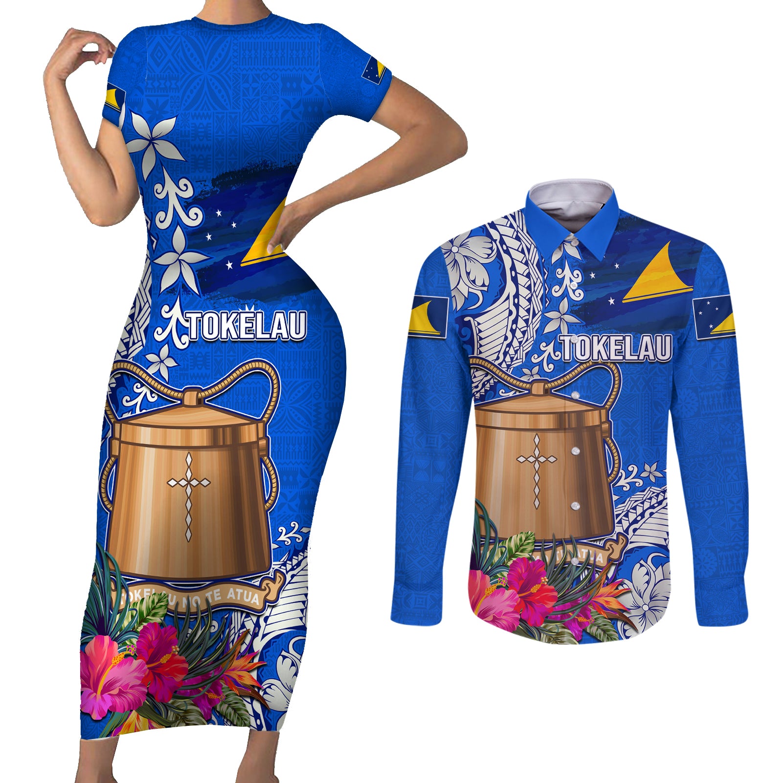 Tokelau Waitangi Couples Matching Short Sleeve Bodycon Dress and Long Sleeve Button Shirt Tropical Flower Tapa Pattern LT03 Blue - Polynesian Pride