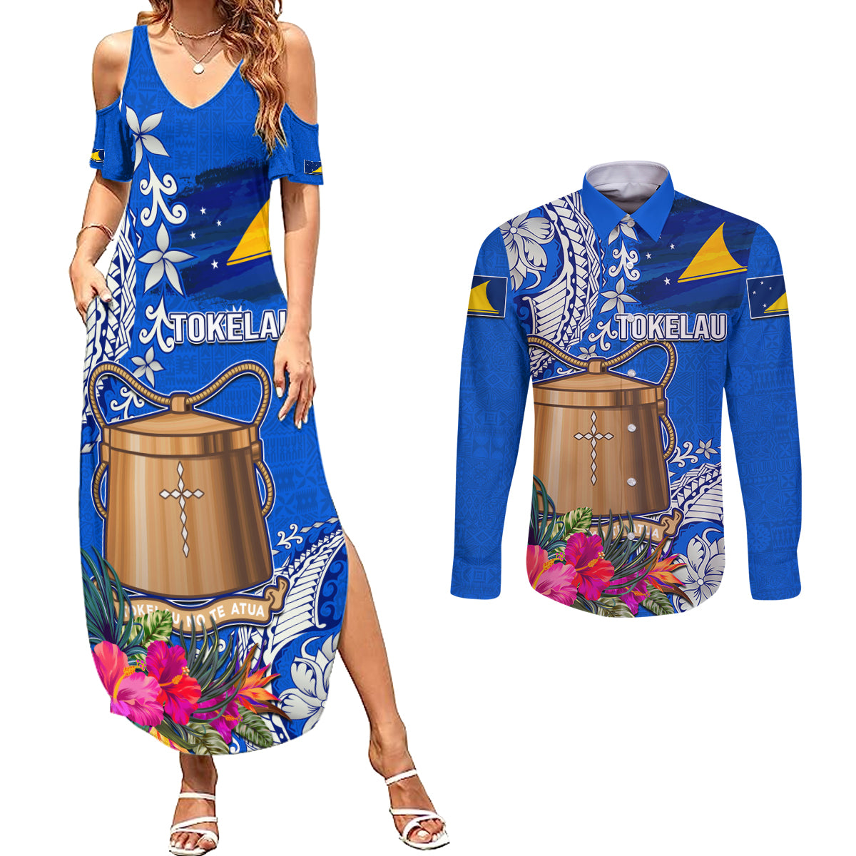 Tokelau Waitangi Couples Matching Summer Maxi Dress and Long Sleeve Button Shirt Tropical Flower Tapa Pattern LT03 Blue - Polynesian Pride